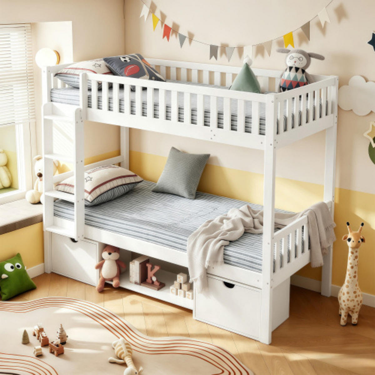 ETAGENBETT 2-in-1 90×200 cm aus Massivkieferholz mit Schubladen & Sicherheitsgeländer, weiß - Weiß, Textil - Luhomfu