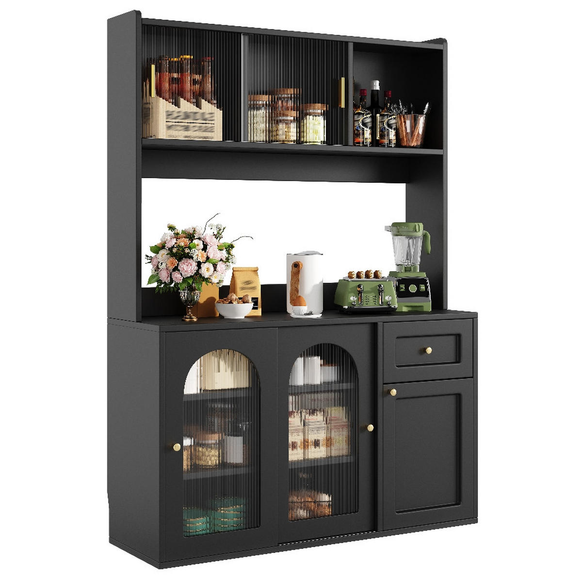 KÜCHENSCHRANK , Buffetschrank mit LED Beleuchtung, VERSTELLBARE ABLAGEN, MDF, Schwarz, für Esszimmer, 120/167/35 cm - Schwarz, Kunststoff (35/167/120cm) - Rolipo