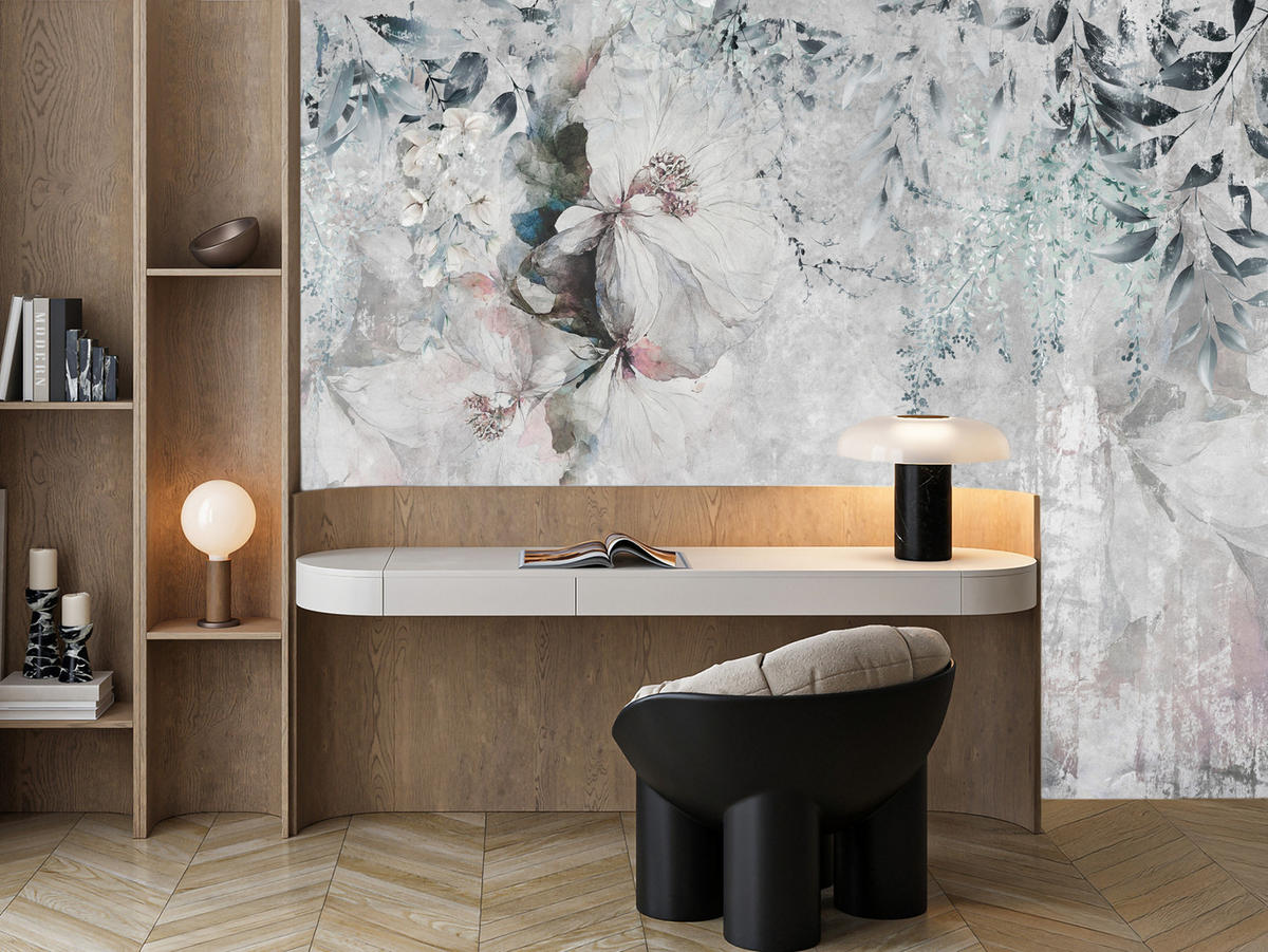 FOTOTAPETE für Schlafzimmer Zarte Blätter Beton Blumen Natur 350x256 - Schwarz/Rosa, Papier (350/256cm) - Muralo