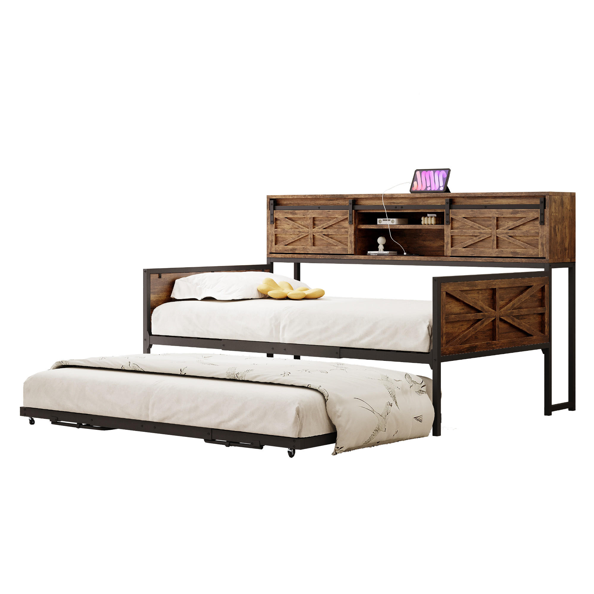 BETT Eisen 90/200 cm mit multifunktionalen Steckdosen und Stauraum Schwarz + Braun - Hellbraun, Holz (90/200cm) - OKWISH