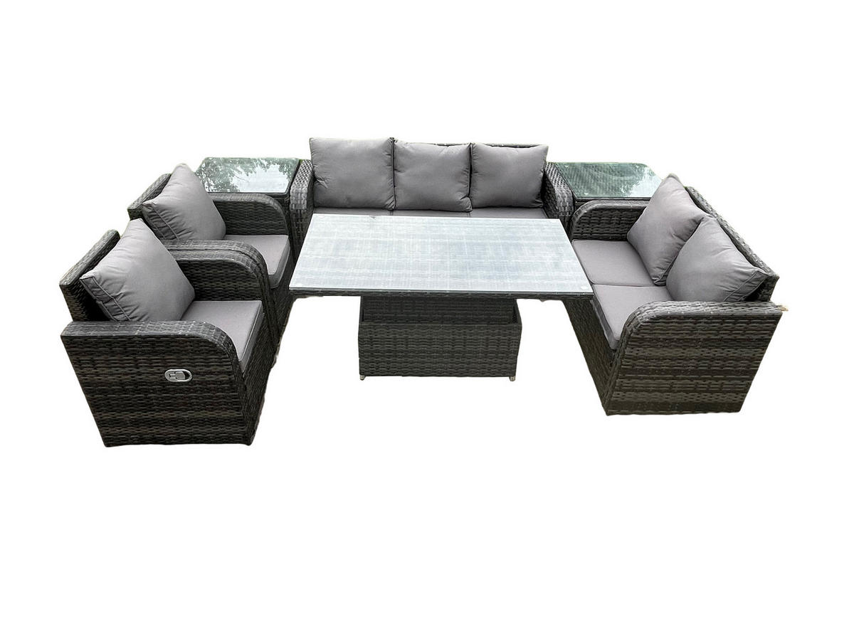 LOUNGESOFA Polyrattan 7-Sitzer - Dunkelgrau/Grau, Glas/Kunststoff - Fimous
