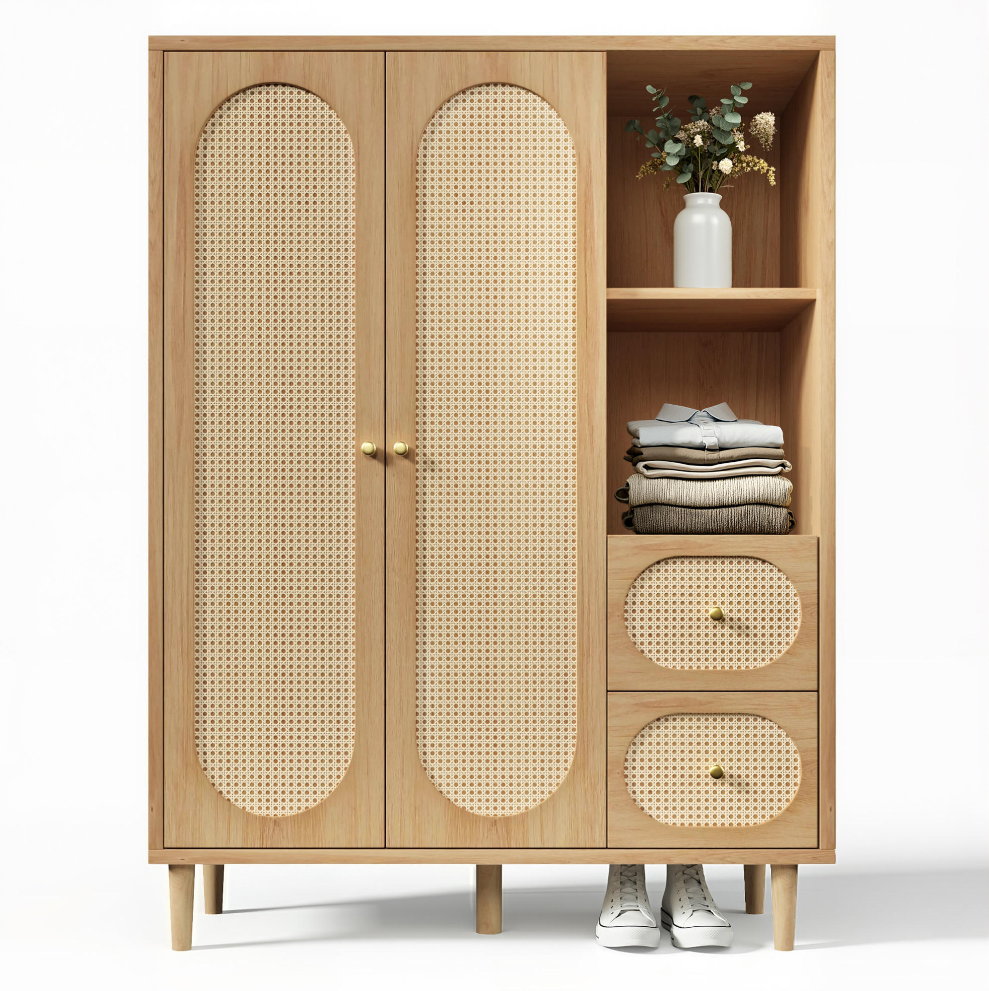 KLEIDERSCHRANK 44/120/161 cm Eiche aus Holz mit Rattanfronten - Nussbaumfarben, Holzwerkstoff (120/161/44cm) - OKWISH