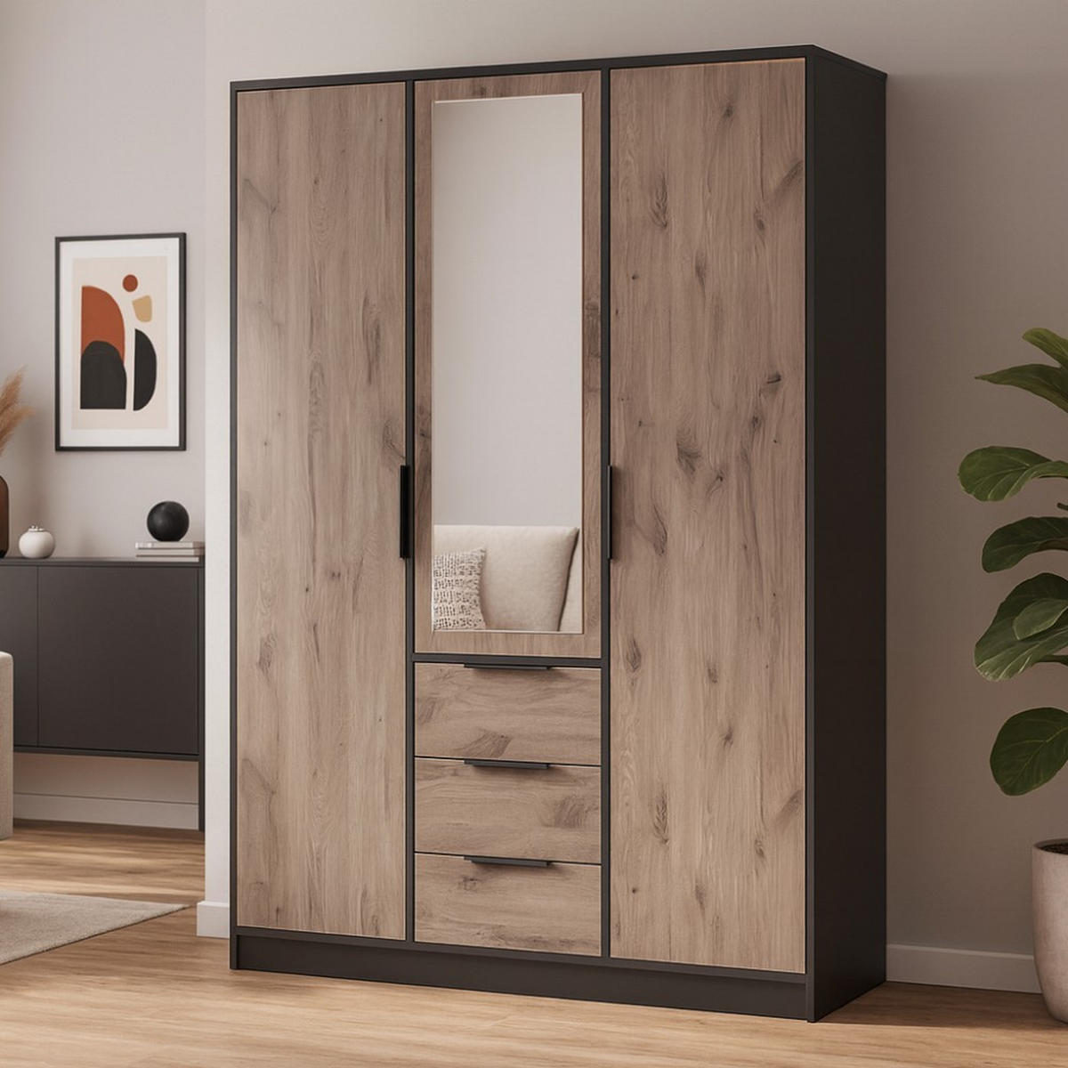 DREHTÜRENSCHRANK Livo mit 3 Türen und 3 Schubladen, eiche Viking+Schwarz, 150 cm - Eichefarben/Schwarz, Holzwerkstoff (150/200/57cm) - Beautysofa