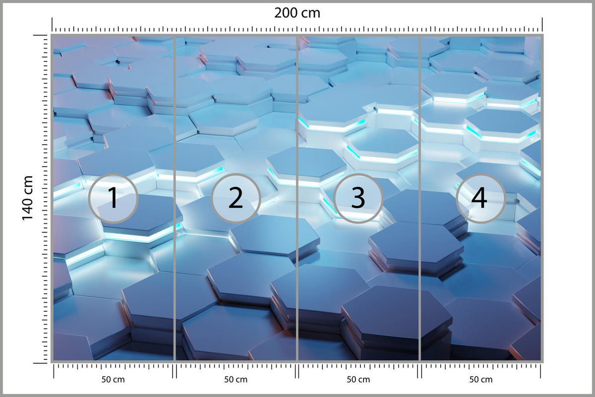 FOTOTAPETE für Jugendzimmer Blaue Neon Hexagone Formen Geometrie 200x140 - Blau/Weiß, Papier (200/140cm) - Muralo