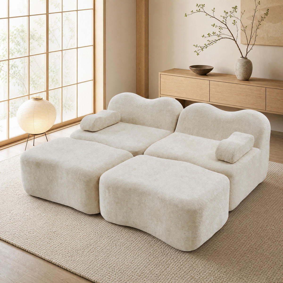 SOFA 192/167/70 cm in Beige aus Samt mit Hockern - Beige, Textil (167/70/192cm) - Flora Grace