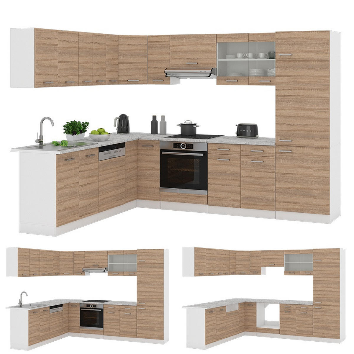 HÖRNKÖK R-Line, Sonoma/Vit, 287 x 227 cm AP Marble - Vit/Sonoma ek, Träbaserade material (287/206.8/60cm) - Vicco