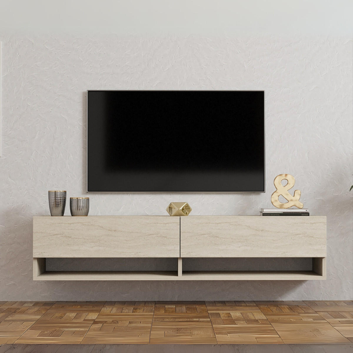 TV-MÖBEL mit 2 klapptüren travertin-dekor arges 141/30/31 cm - Beige, Holzwerkstoff (35/31/30cm) - Calicosy