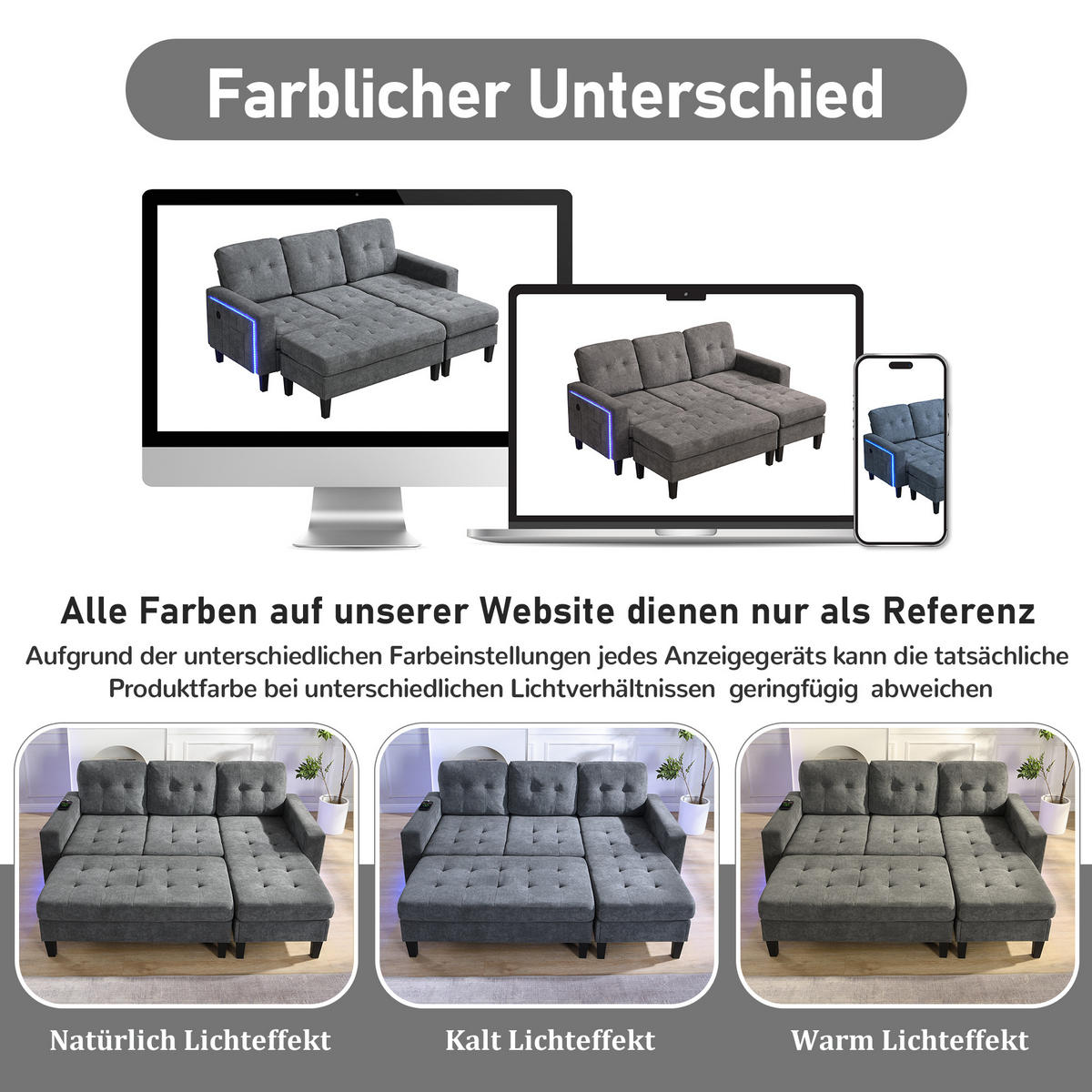 SCHLAFSOFA 185/135/85 cm Antikgrau mit beweglicher Fußbank und LED-Ambiente-Beleuchtung - Dunkelgrau, Textil (185/85/135cm) - Oxeza