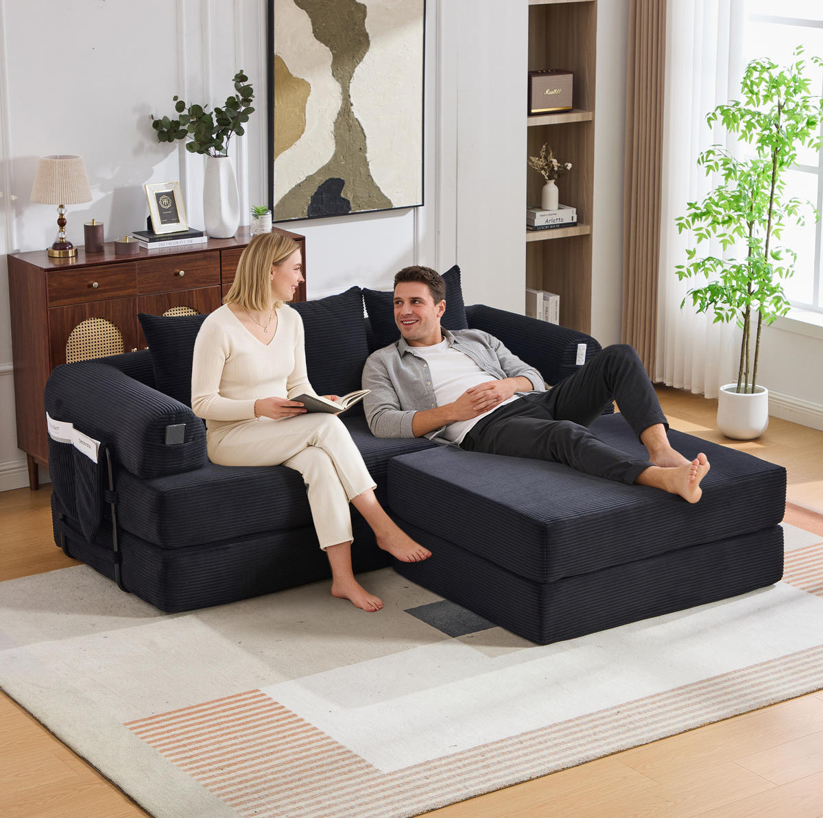 ECKSOFA aus Cord 200x190x67 cm Schwarz mit Hocker, Seitentasche und 3 Kissen - Schwarz, Textil (200/190cm) - Modfu