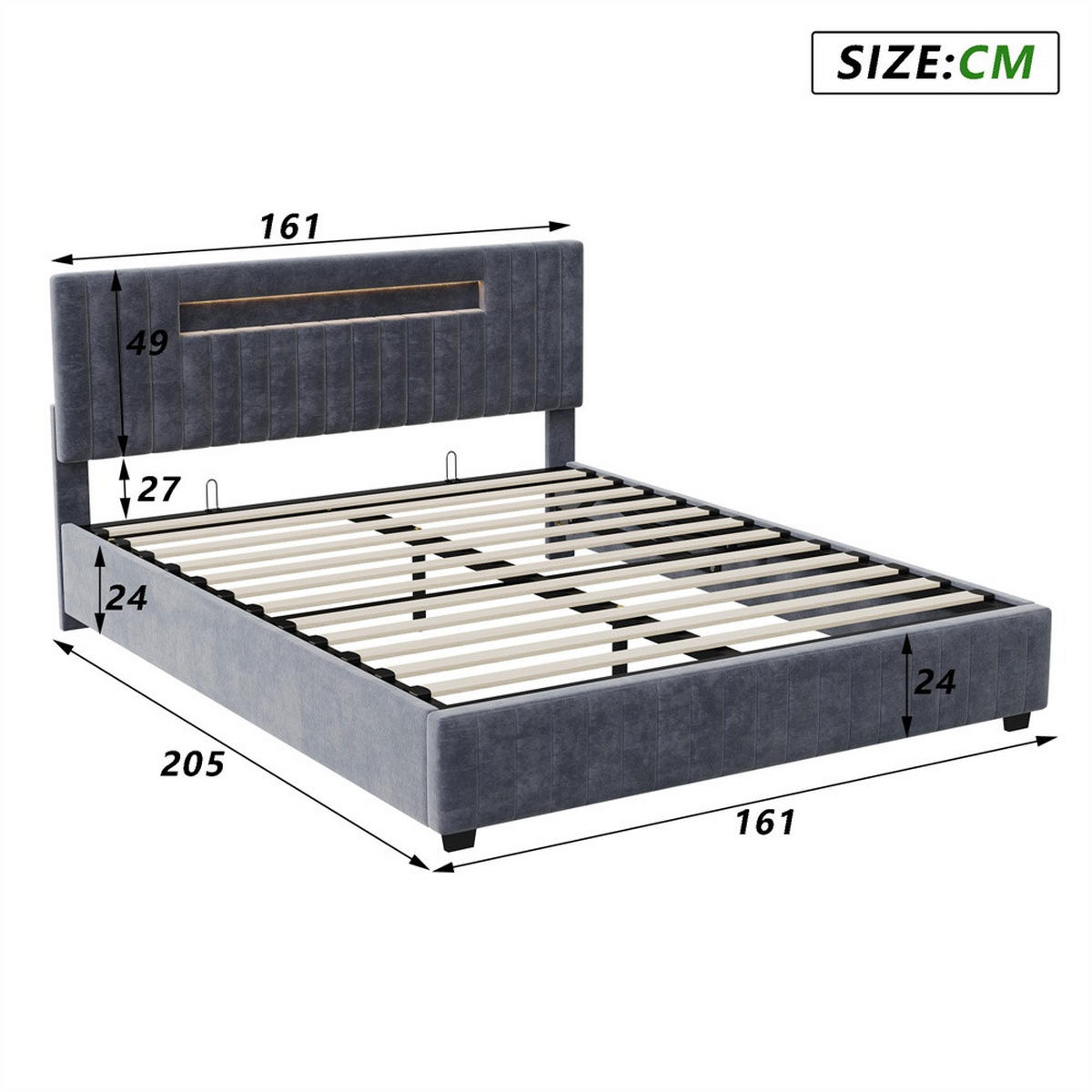 POLSTERBETT 160x200 cm mit LED-Kopfteilbeleuchtung und hydraulischem Bettkasten - ohne Matratze - Grau - Grau, Textil (160/200cm) - DELFA