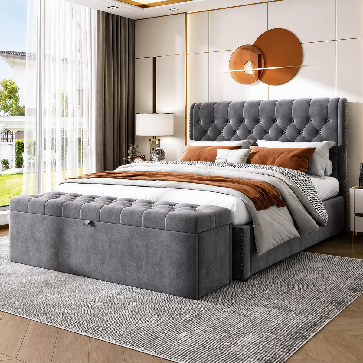 BETT mit Stauraum und Polsterbank 140x200 cm Samt Grau - Grau, Metall (140/200cm) - Meubliv