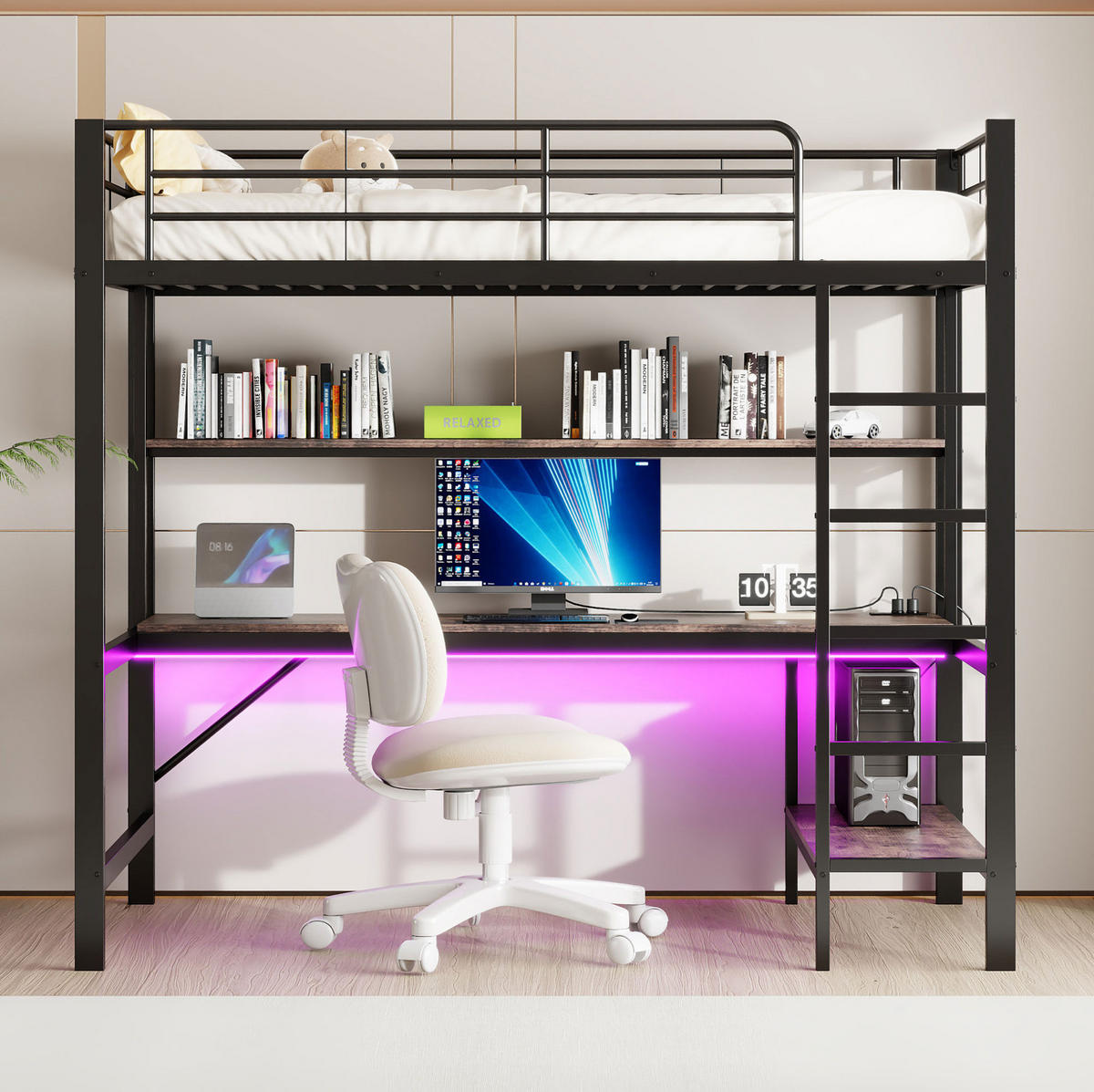HOCHBETT aus Metall und MDF 90x200 cm Schwarz mit Schreibtisch, Regal, USB, Steckdose und LED-Ambientelicht - Schwarz, Metall (70/180cm) - Modfu