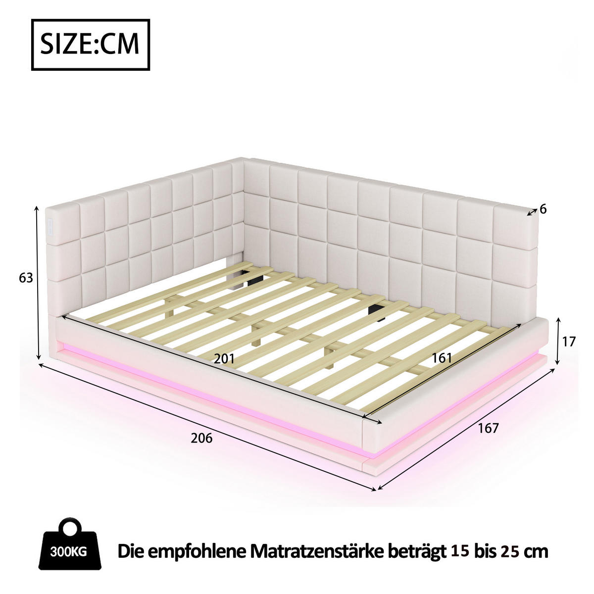 POLSTERBETT 160/200 cm Beige mit LED-Beleuchtung und USB-Anschluss - Beige, Textil (160/200cm) - Flora Grace