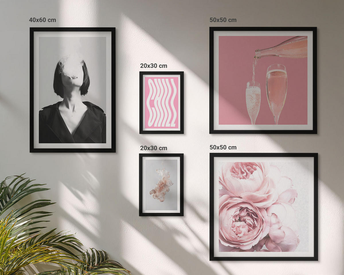 BILDER SET 5er Set - 50x50 cm & 20x30 cm & 40x60 cm Schwarzer Rahmen - Stilvolles Porträt mit Champagner - Schwarz, Kunststoff (40/60cm) - TULUP