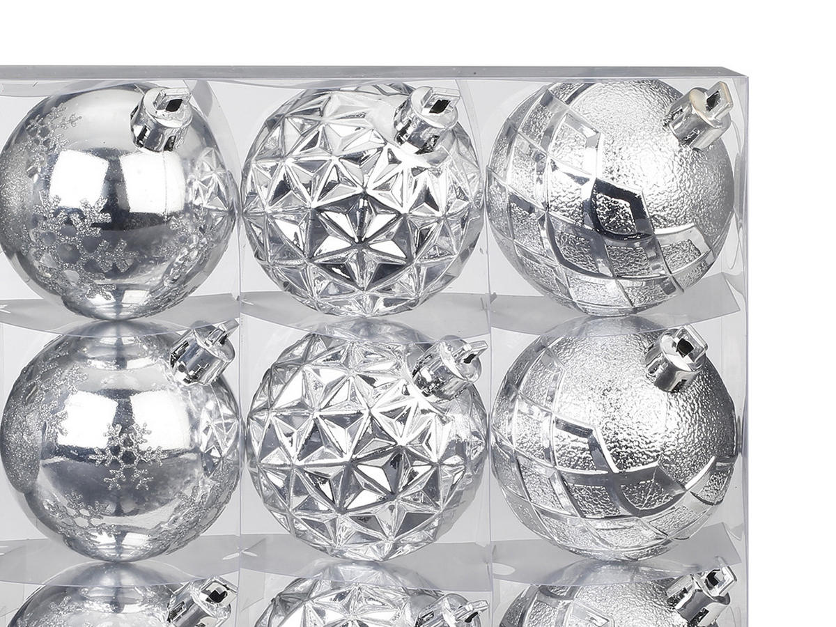 WEIHNACHTSORNAMENTE 12er-Set runde Ornamente silber Mix 6 cm - Silberfarben, Kunststoff (6/6/6cm) - LAALU