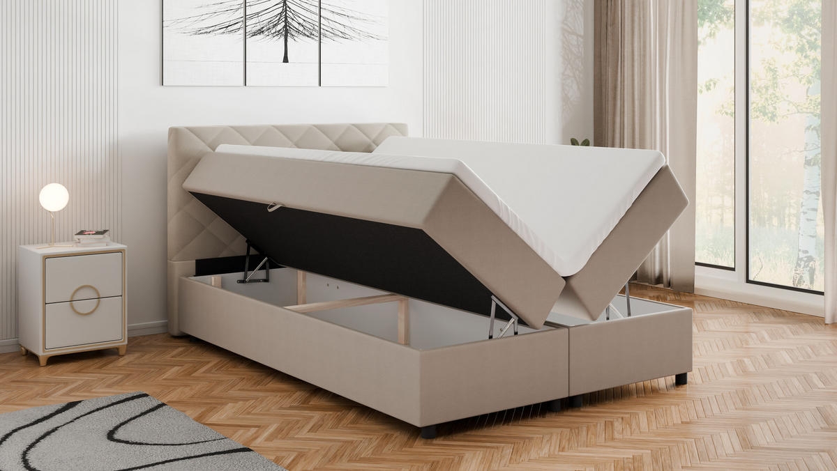 BOXBETT Diamaro 140x200 cm mit Bettkasten und Topper - Cappucino - Beige, Holz (140/200cm) - Panda Möbel