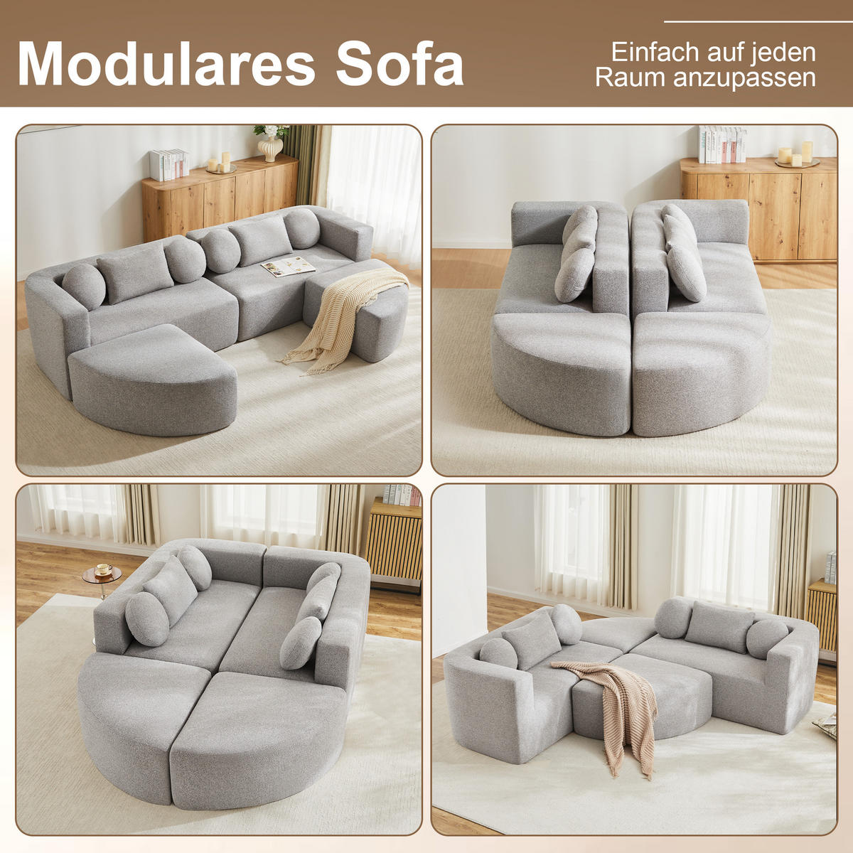 SCHLAFSOFA Grau Cloud Chenille modular Schlaffunktion 292cm - Grau, Textil (165/68/292cm) - FLIEKS