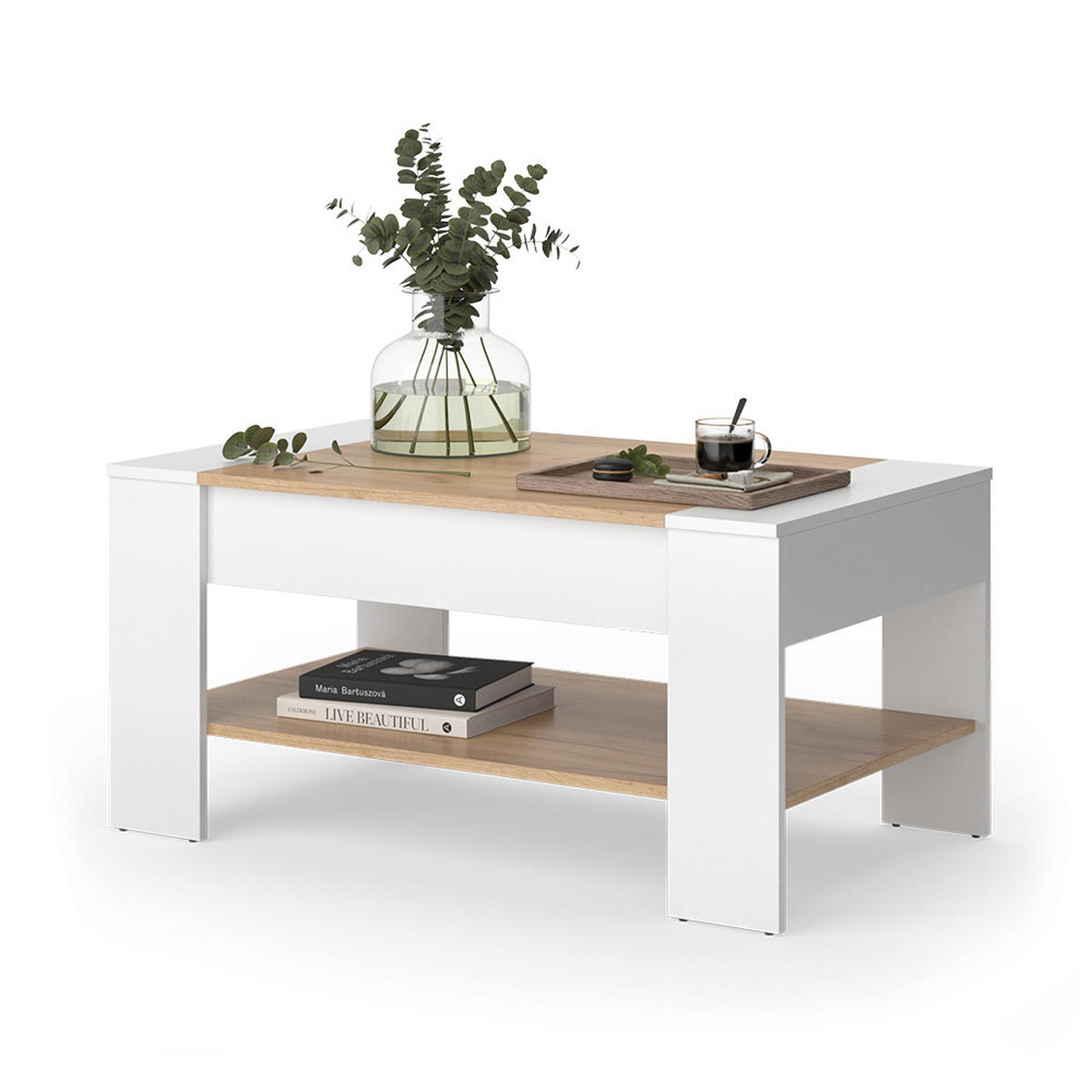 COUCHTISCH August Goldkraft Eiche/Weiß 99.6 x 58.8 cm mit Schublade - Eiche Wotan/Weiß, Holzwerkstoff (58.8/99.6/48.2cm) - Vicco