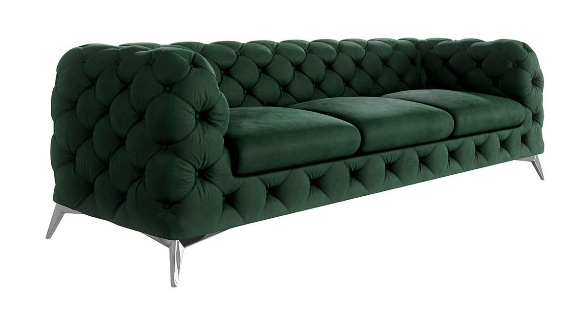 CHESTERFIELD-SOFA 3-Sitzer Laura Flasche Grün Samt - Smaragdgrün/Silberfarben, Holz/Textil (243/75/100cm) - S-Style Möbel