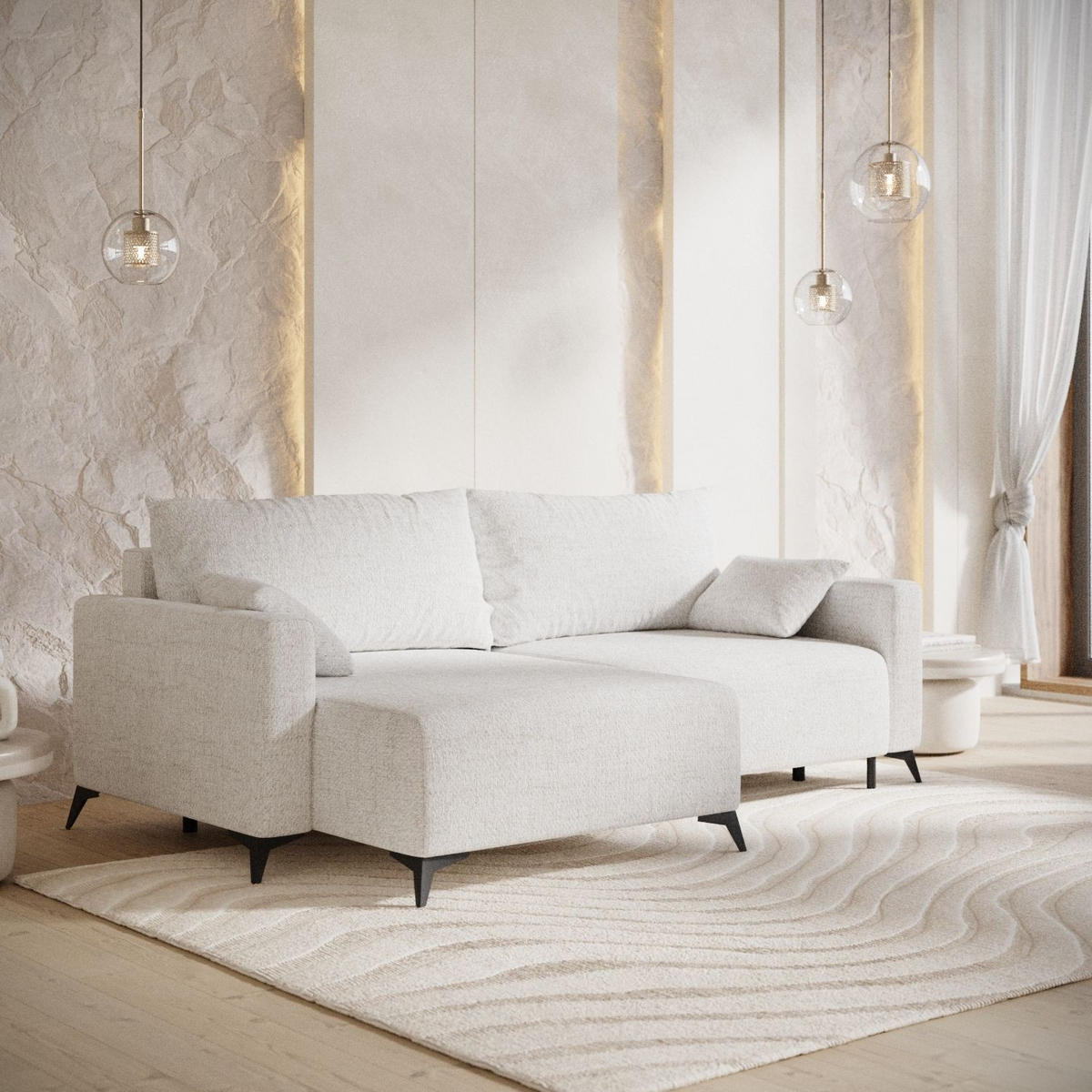 ROHOVÁ SEDAČKA NUVIO, textil, Krémová - černá/krémová, kov/dřevo (239/148cm) - AltaBeds