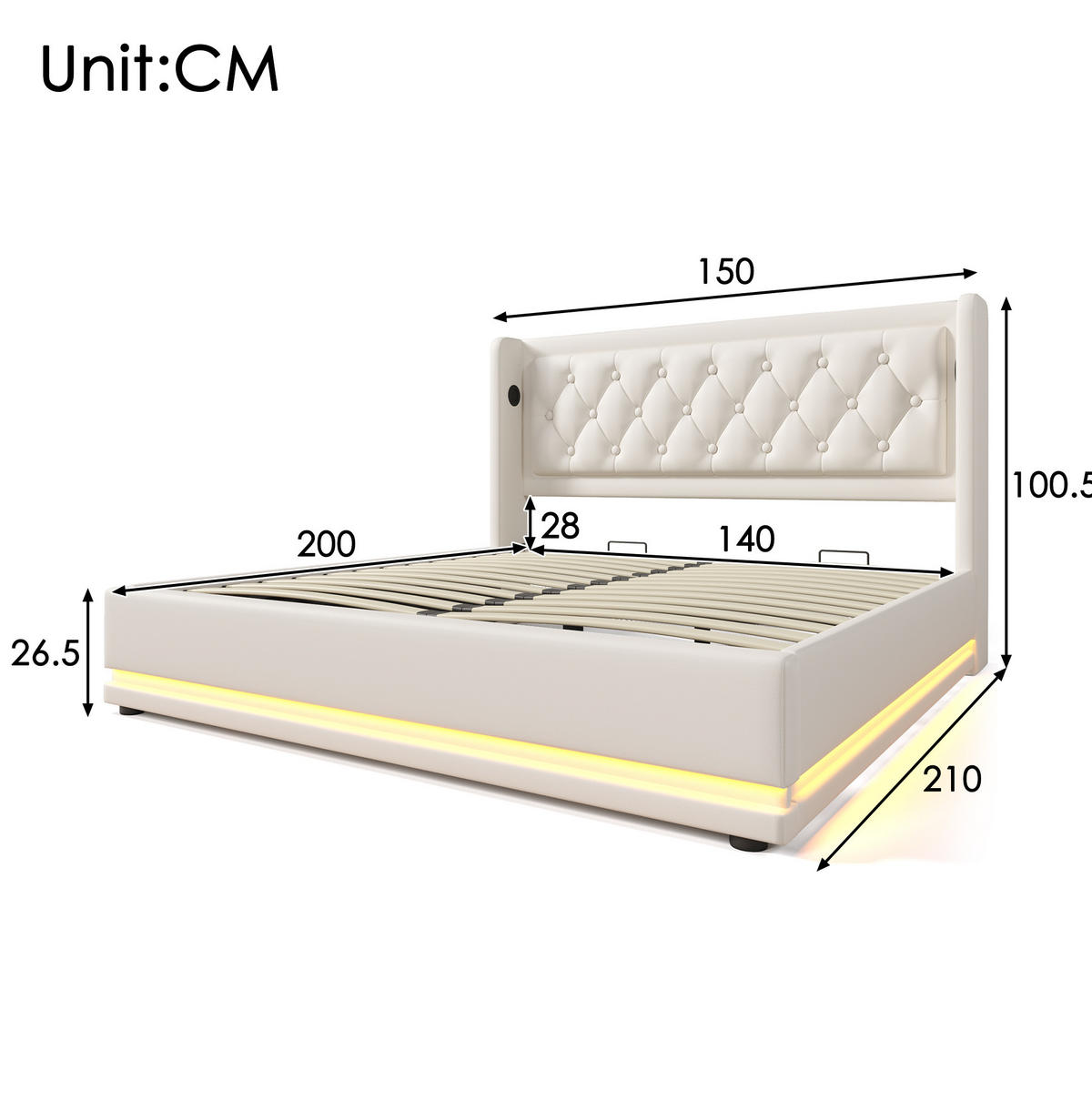 POLSTERBETT mit Stauraum USB-C und LED 140x200 cm Weiß PU inkl. Matratze - Weiß, Metall (140/200cm) - Meubliv