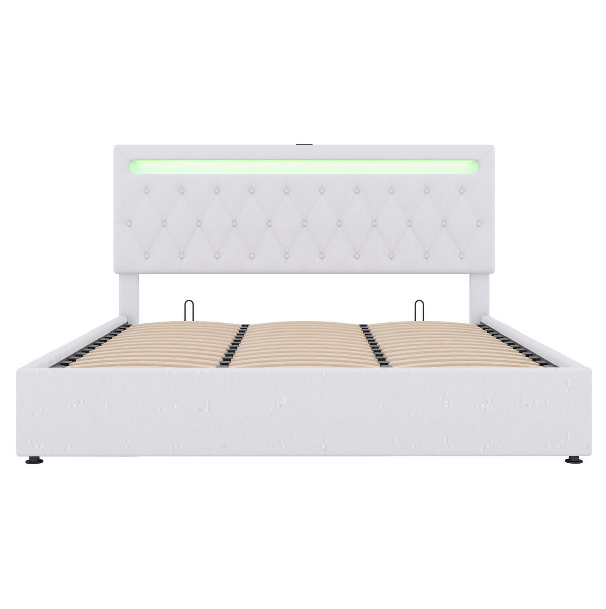 ČALÚNENÁ posteľ 180/200 cm biela s úložným priestorom LED osvetlením a USB z ľanu a MDF - biela, textil (180/200cm) - OKWISH