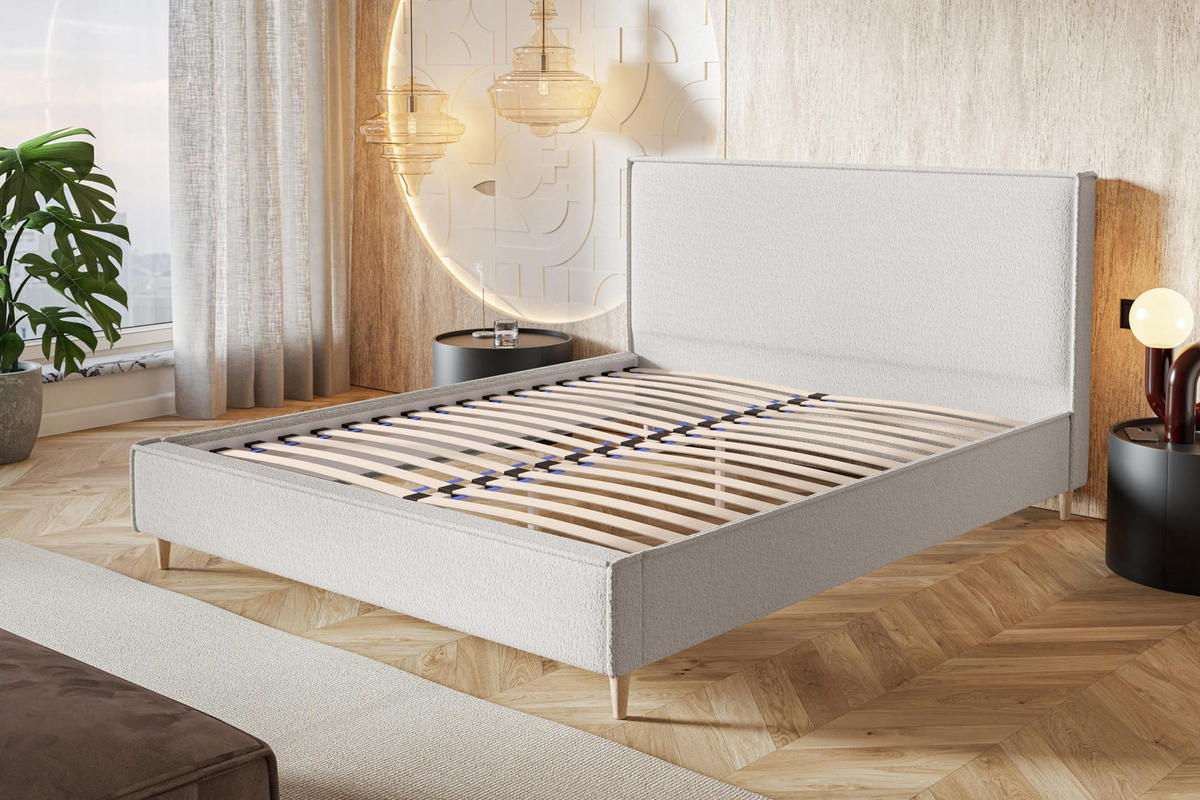 POLSTERBETT LUX RICO mit Kopfteil, 160 x 200 cm, Doppelbett mit Lattenrost aus Holz, Velourstoff Hellgrau, Füße in Farbe: Braun - Hellgrau, Holz/Textil (160/200cm) - Alpi-Möbel