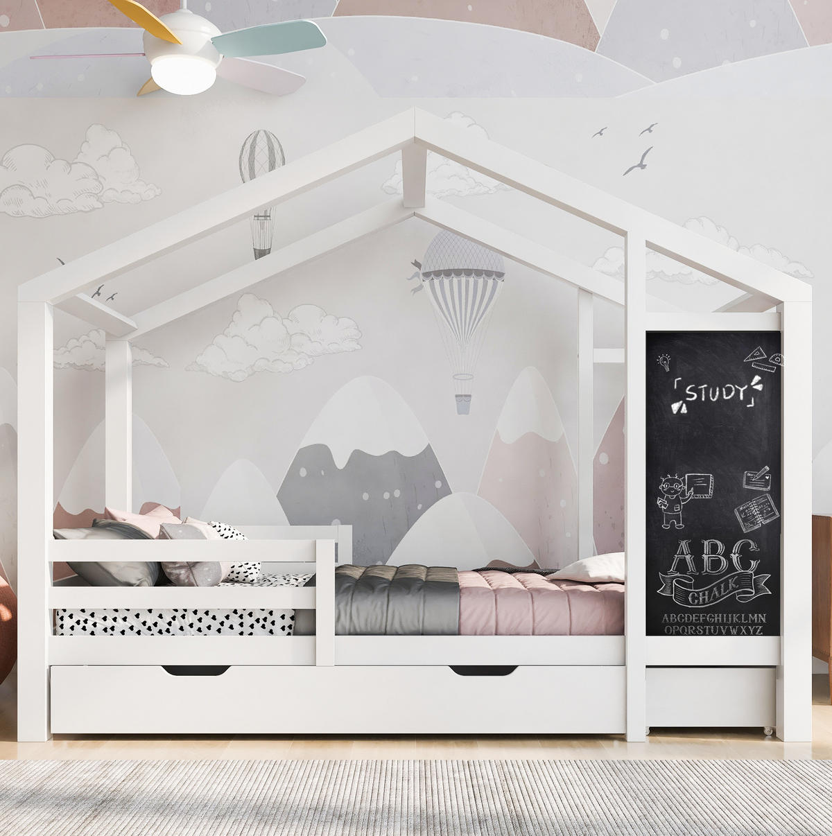 KINDERBETT 90/200 cm mit Tafel, 2 Schubladen und dreiseitigem Rausfallschutz aus Massivholz, Weiß - Weiß, Holz - Redom