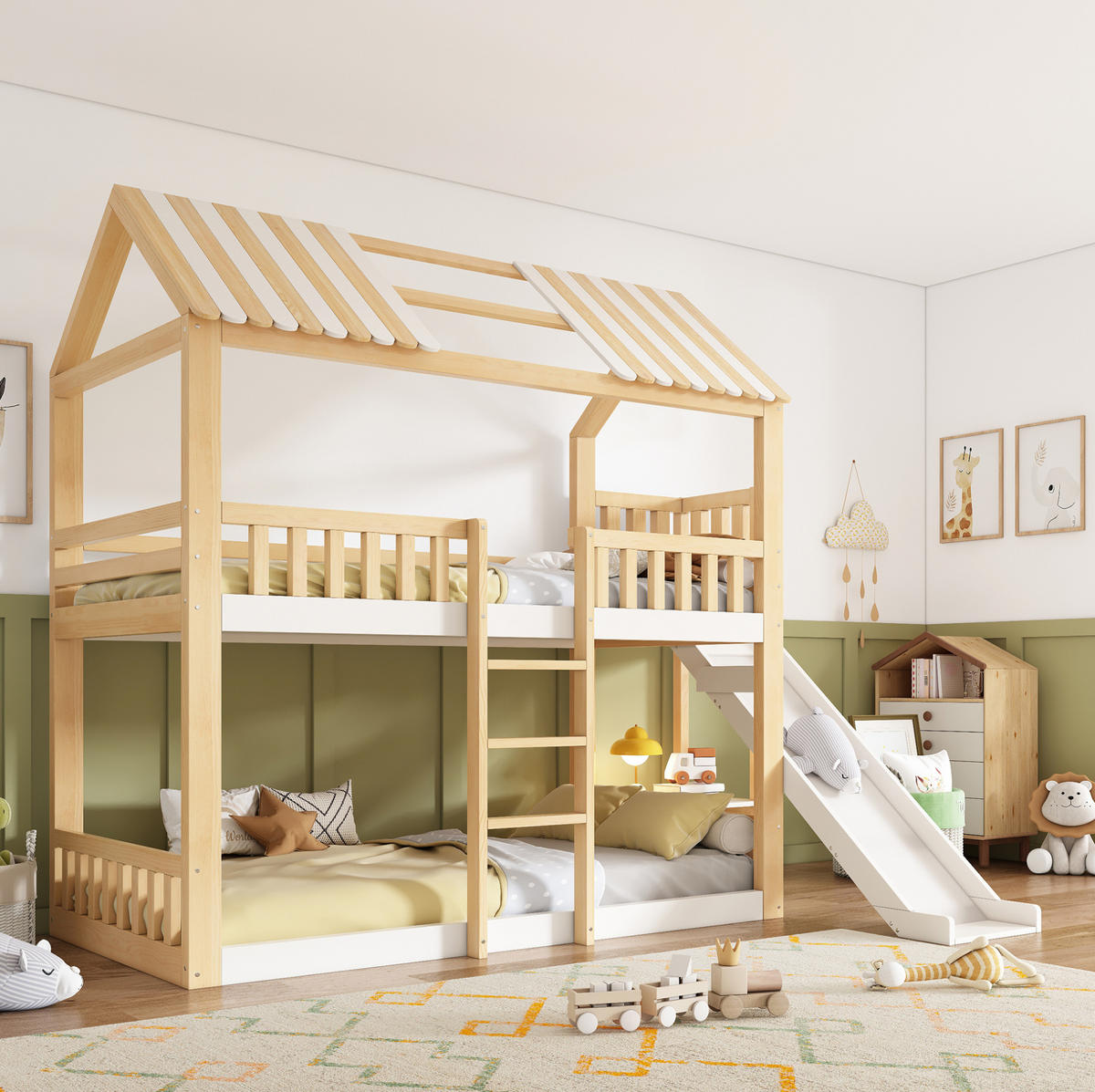 ETAGENBETT mit Giebeldach 90/200 cm Weiß Natur mit Regal, ohne Matratze - Weiß, Holz (90/200cm) - MIVRAY