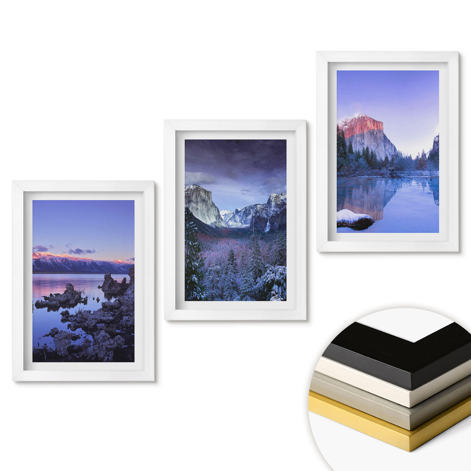 WANDBILDER 3er-Set - 20x30 cm Weißer Rahmen - Berglandschaften, Sonnenuntergang, Wasser - Weiß, Kunststoff (20/30cm) - ArtPrintCave
