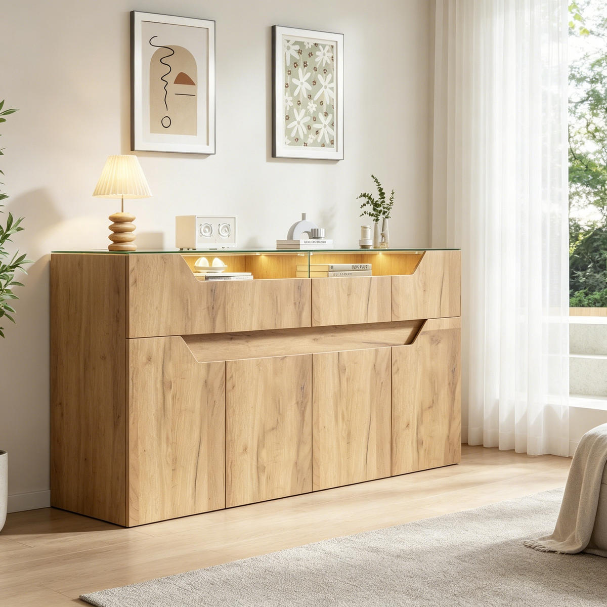 SIDEBOARD Holzoptik MDF 2 Schubladen Glasplatte 140cm Modern - Naturfarben, Holzwerkstoff (140/70/40cm) - FLIEKS