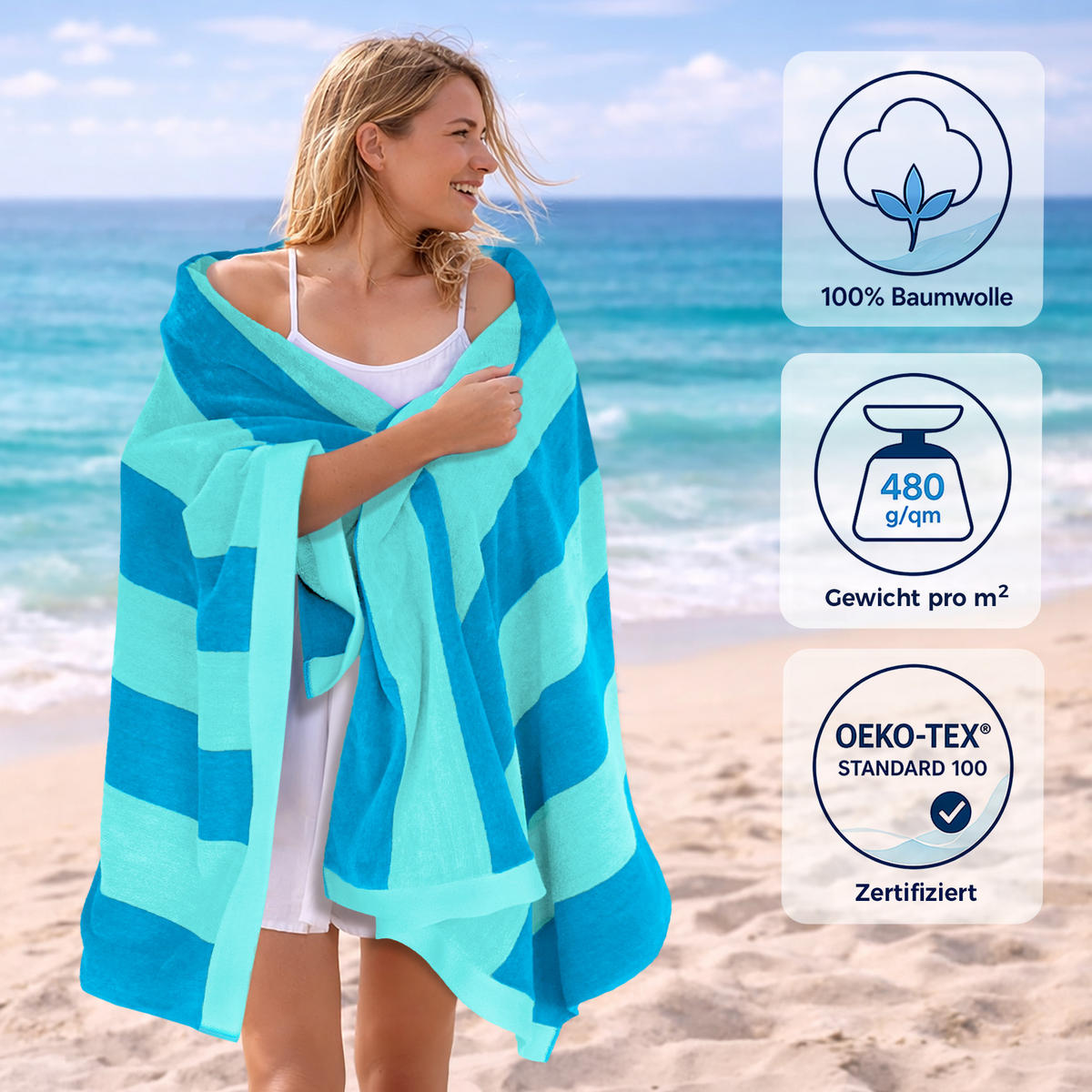STRANDTUCH Riviera Frottee Velours 90x180 cm 480g/m² - Türkis/Blau, Naturmaterialien (90/180cm) - Lashuma