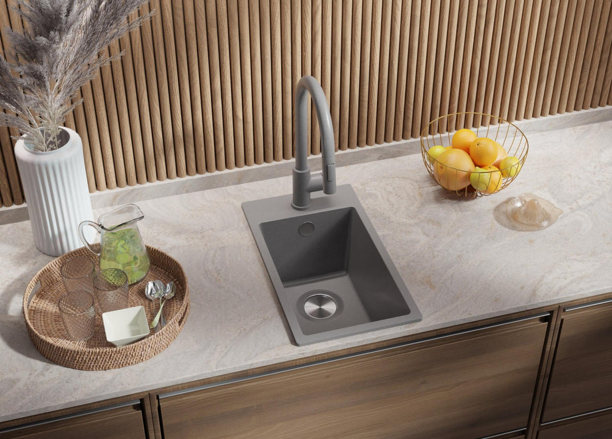 GRANITSPÜLE Riga, 2-er set Grau 28/50 cm 1 Becken + Küchenarmatur 38/14 cm + Ablauf-Set ab 30er Unterschrank - Grau, Kunststoff (28/20/50cm) - Primagran