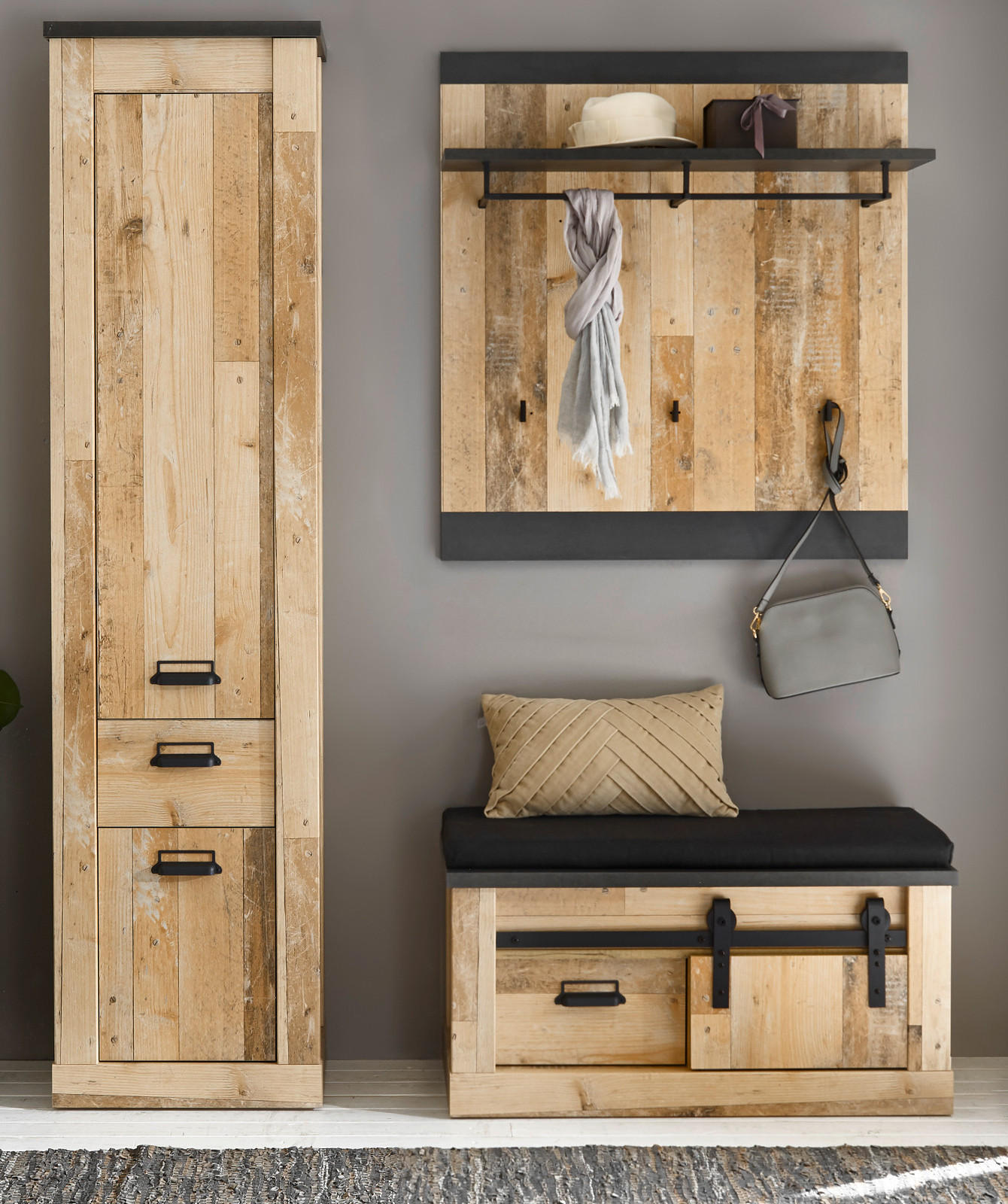 GARDEROBE Set 4-tlg. Used Wood Vintage 164 x 200 cm, mit Schiebetür und Soft-Close - Anthrazit/Schwarz, Holzwerkstoff/Metall (164/201/43cm) - Furn.Design