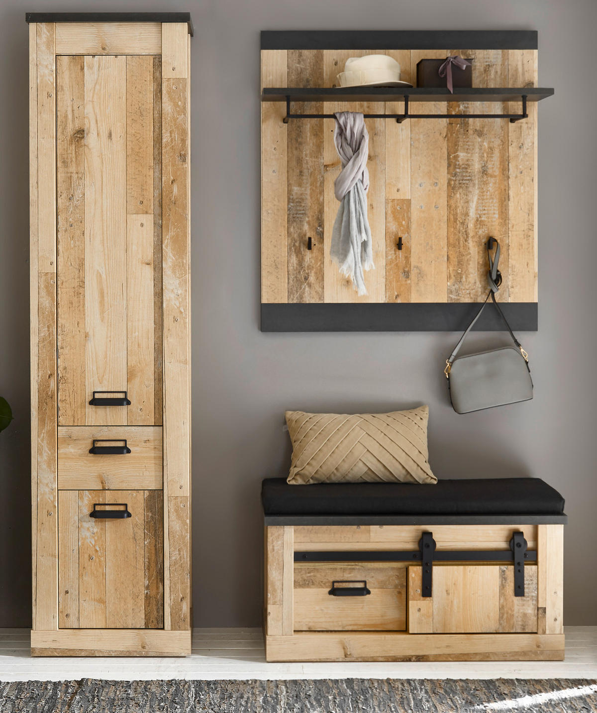 GARDEROBE Set 4-tlg. Used Wood Vintage 164 x 200 cm, mit Schiebetür und Soft-Close - Anthrazit/Schwarz, Holzwerkstoff/Metall (164/201/43cm) - Furn.Design