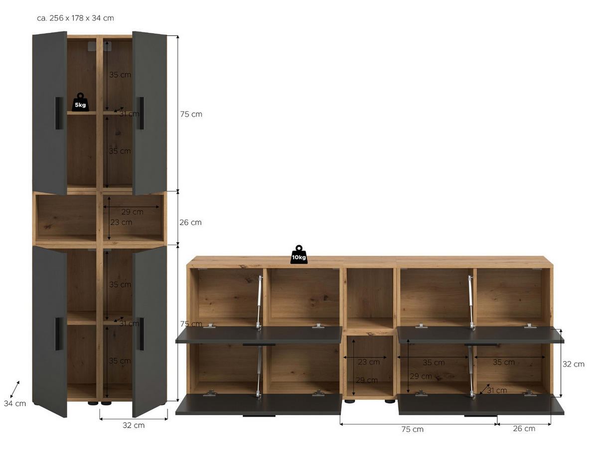 WOHNWAND grau, Eiche Artisan 256 x 178 cm, Schrankwand mit Soft-Close - Schwarz/Eiche Artisan, Holzwerkstoff/Kunststoff (256/151/34cm) - Inn.Furn