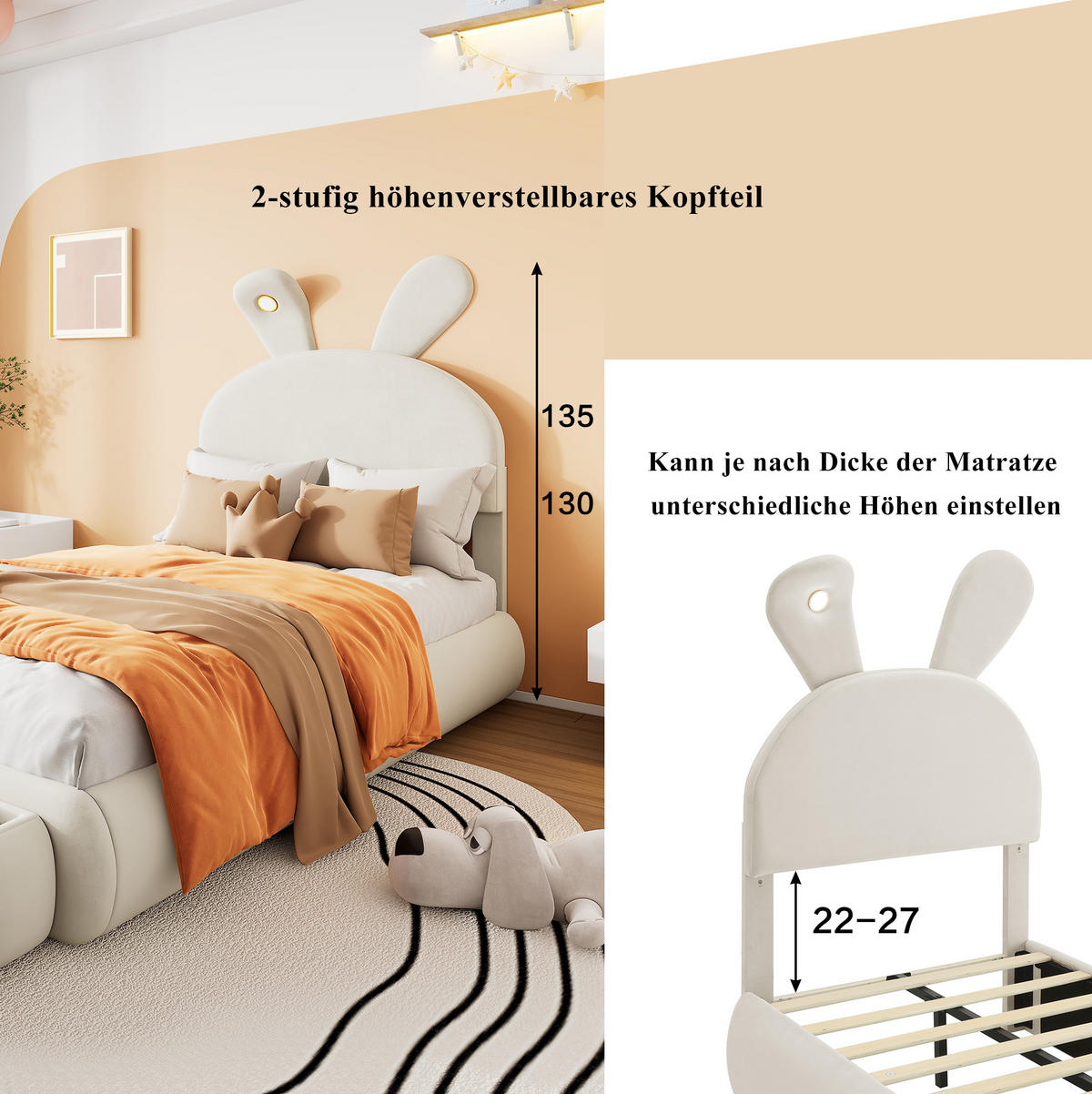POLSTERBETT 90/200 cm Beige mit LED, Hasenohren und Holzlatten ohne Matratze - Beige, Textil (90/200cm) - MIVRAY