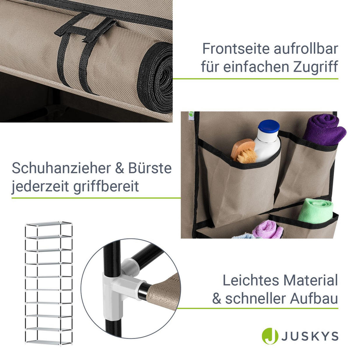 SCHUHREGAL mit Seitentaschen 160 x 58 cm hellbraun - Hellbraun, Textil (58/160/28cm) - Juskys