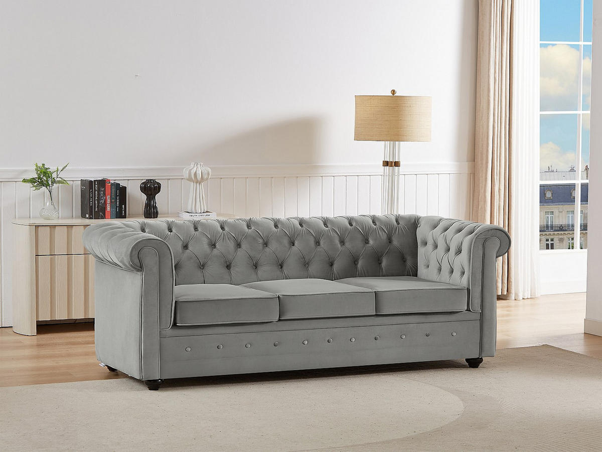 SOFA mit Schlaffunktion 3-Sitzer - Samt - Hellgrau - CHESTERFIELD - Hellgrau, Textil (204/85/89cm) - Vente-Unique