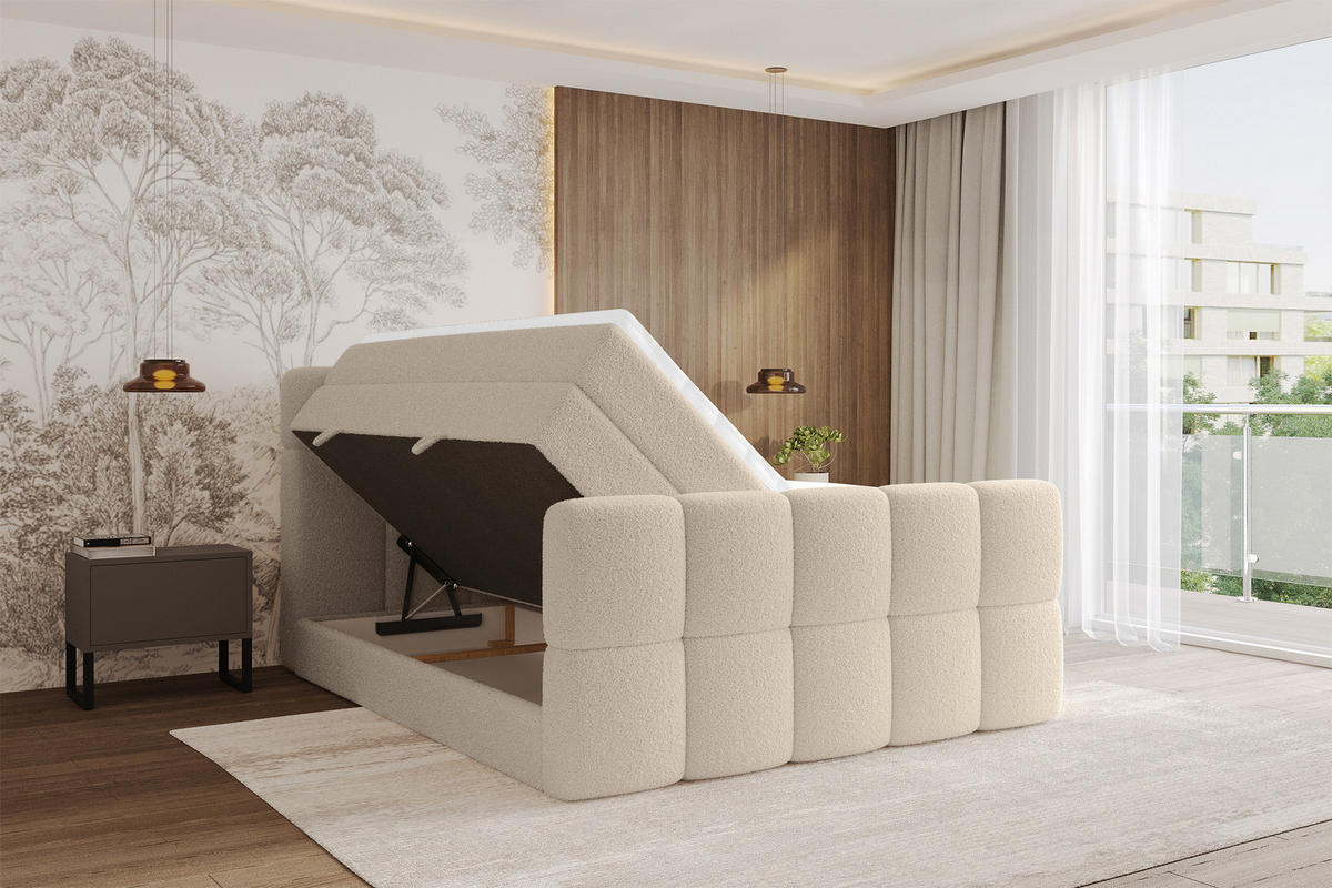 BOXBETT mit Matratze H3/H4 - FAMA-Z KING - 160x200 cm Dunkelbeige Quelle - Creme, Holzwerkstoff (160/200cm) - ALTDECOR