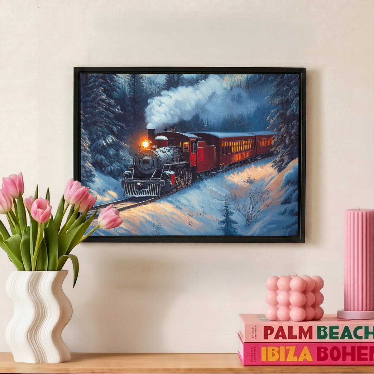 LEINWAND Bilder mit Rahmen - Zug - Weihnachten - Schnee - Weihnachtszug - 40x30 - Anthrazit, Textil (40/30cm) - MuchoWow