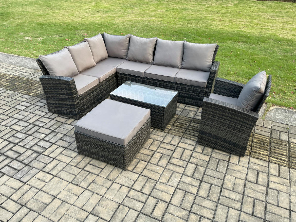 LOUNGEMÖBEL-SETS mit Couchtisch Sofa Polyrattan Dunkelgrau 8-Sitzer - Dunkelgrau/Grau, Glas/Kunststoff - Fimous