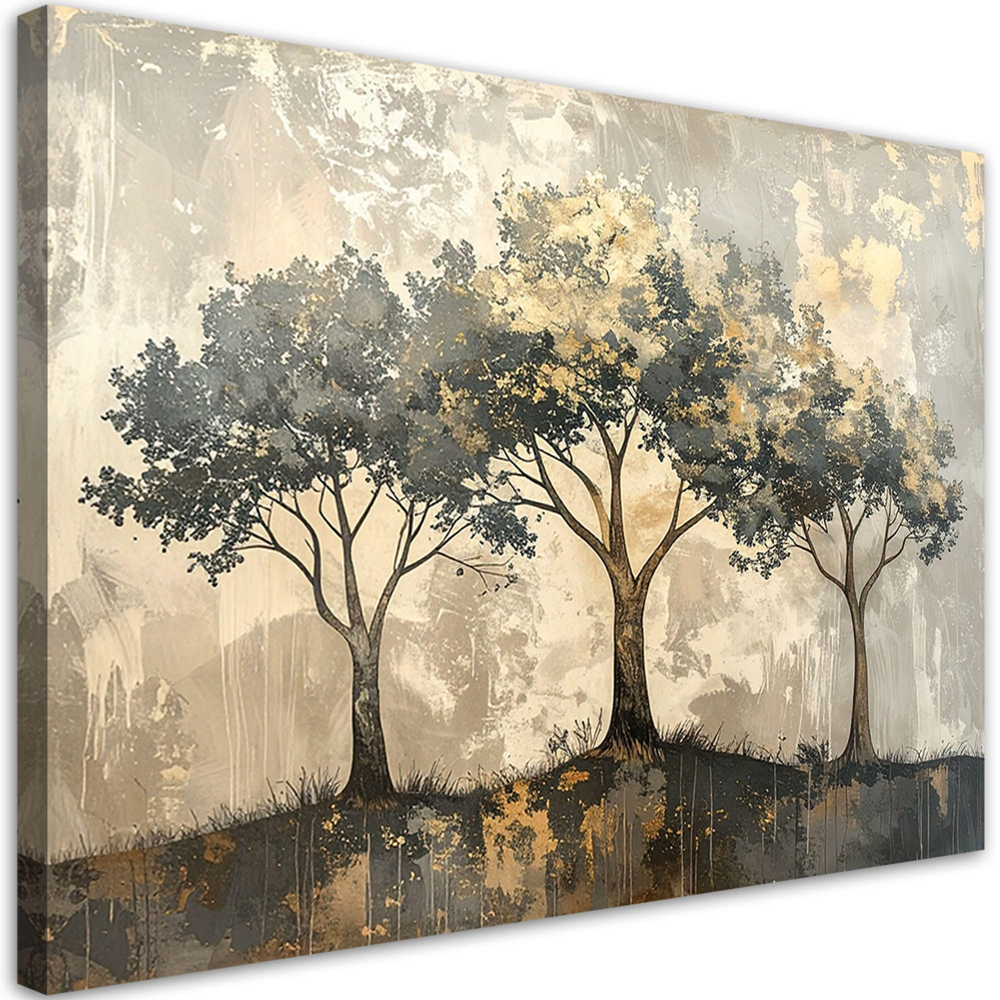 LEINWANDBILD, Grunge Bäume Abstrakt in Beige und Gold - Grau, Textil (100/70cm) - Feeby