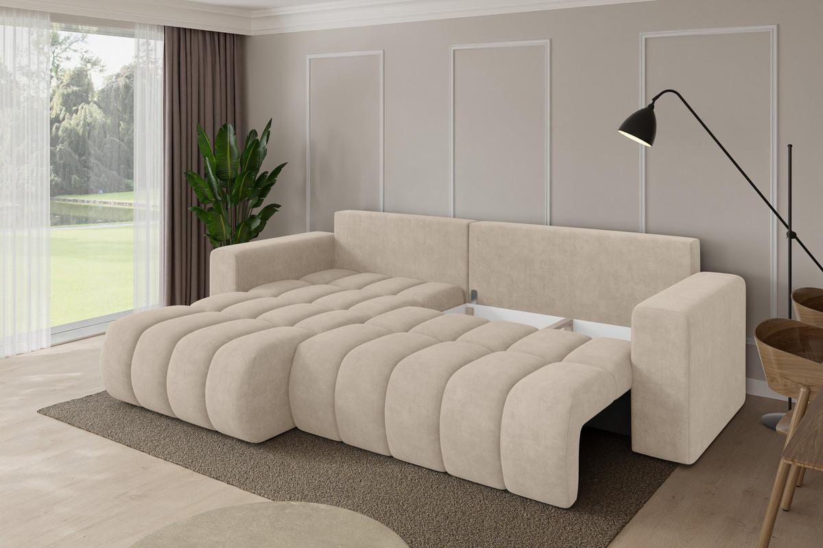 ROHOVÁ SEDAČKA s funkcí spaní, otoman vlevo MILA-L-v1 277x195x86 béžová velur - černá/Sahara, kompozitní dřevo/textil (277/194cm) - ALTDECOR