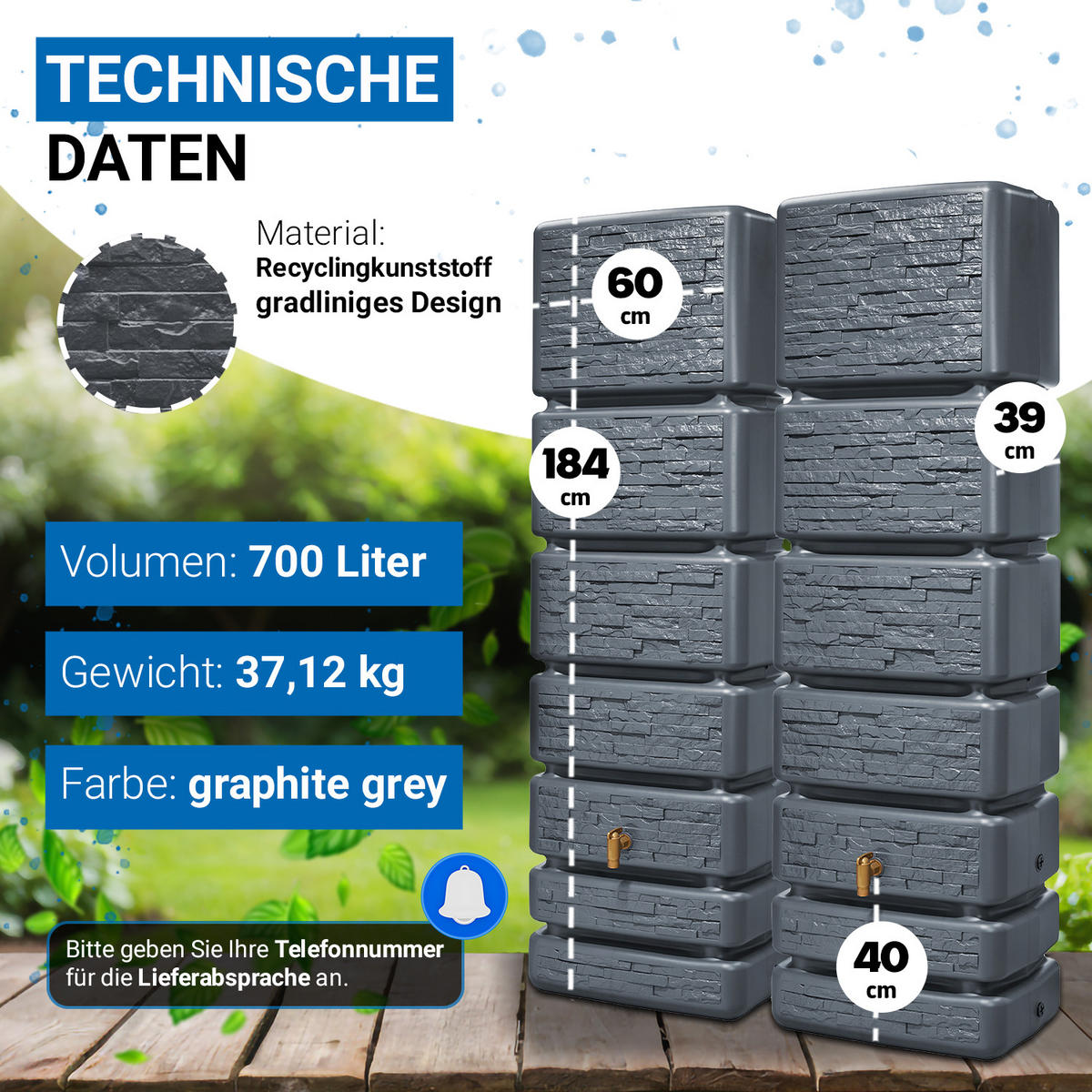 WANDTANK-SET 700 L graphite grey 2 x 350 L inkl. Verbindungsset - Grau, Kunststoff (130/184/39cm) - 4rain