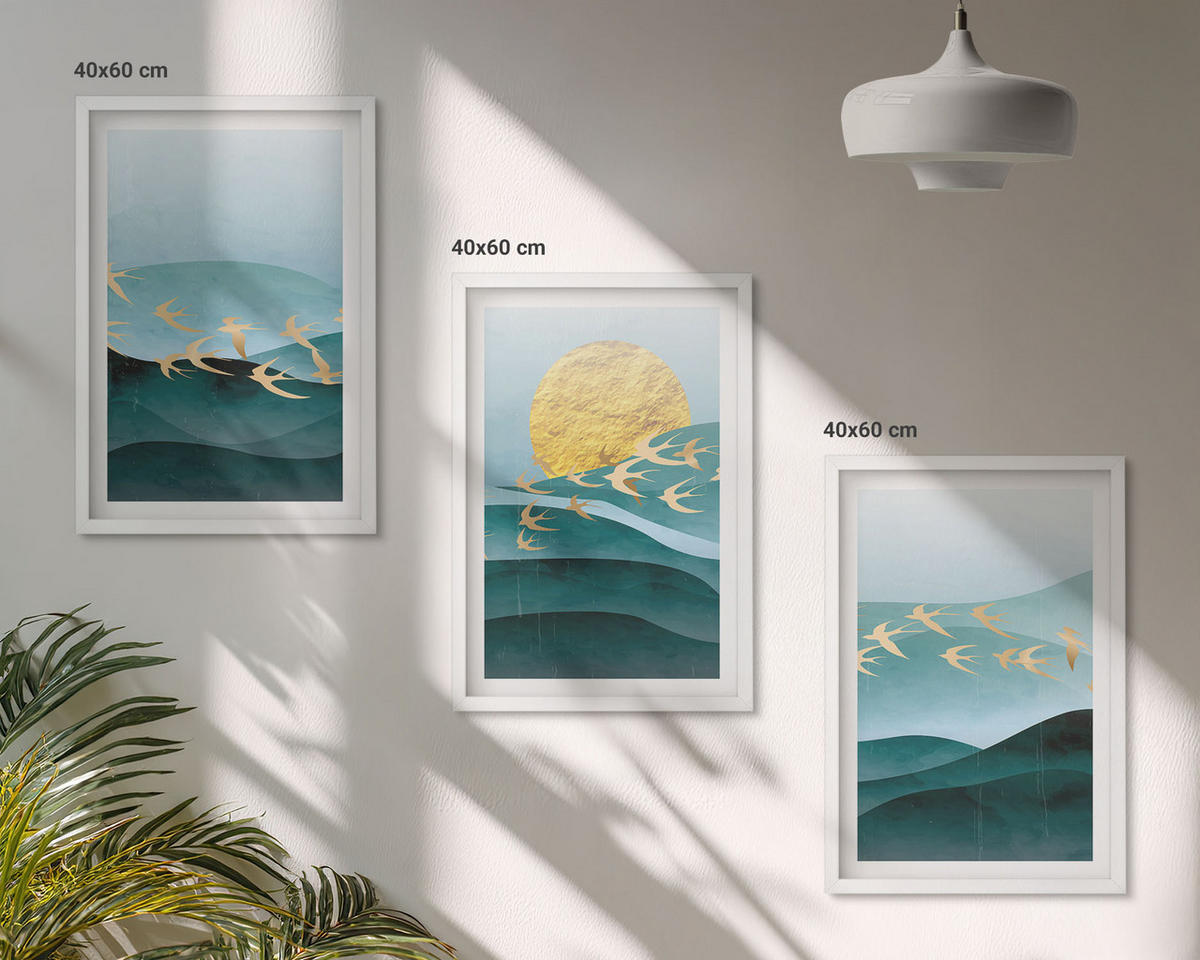BILDER SET 3er Set - 40x60 cm Weißer Rahmen - Abstrakte Sonnenuntergangslandschaften - Weiß, Kunststoff (40/60cm) - TULUP