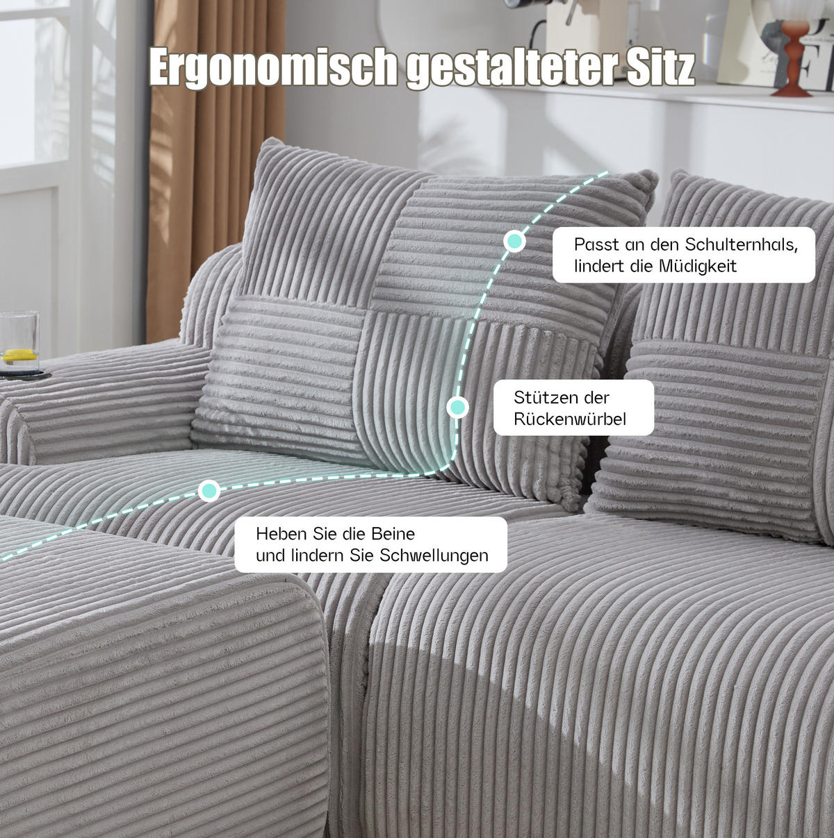 SOFA 200/174/80 cm in Hellgrau aus Cord mit Cupholder und Tasche - Hellgrau, Textil (174/80/200cm) - Flora Grace