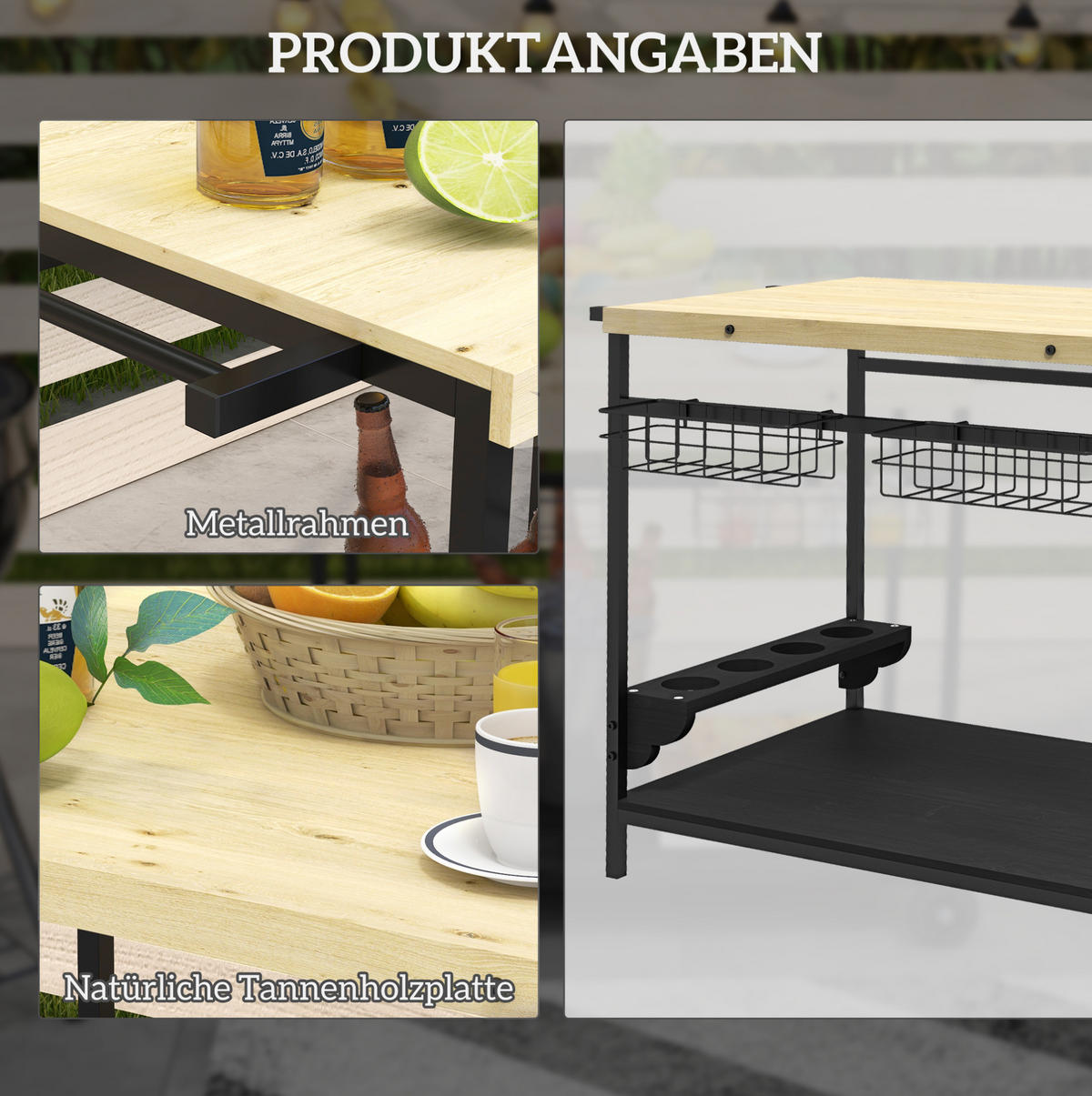 SERVIERWAGEN mit Stauraum 97,5 x 65 x 81 cm Naturholz - Naturfarben, Holz (65/81/97.5cm) - Beauniv