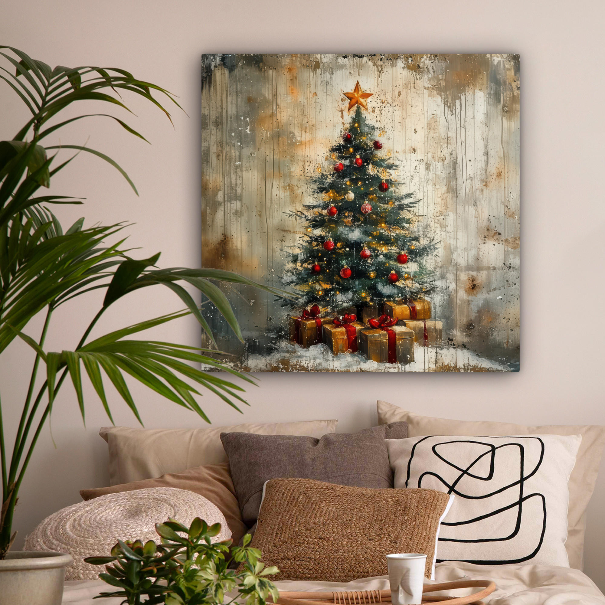 LEINWANDBILD Weihnachtsbaum - Vintage - Weihnachten - Geschenk 90x90 cm - Rostfarben, Textil (90/90cm) - MuchoWow