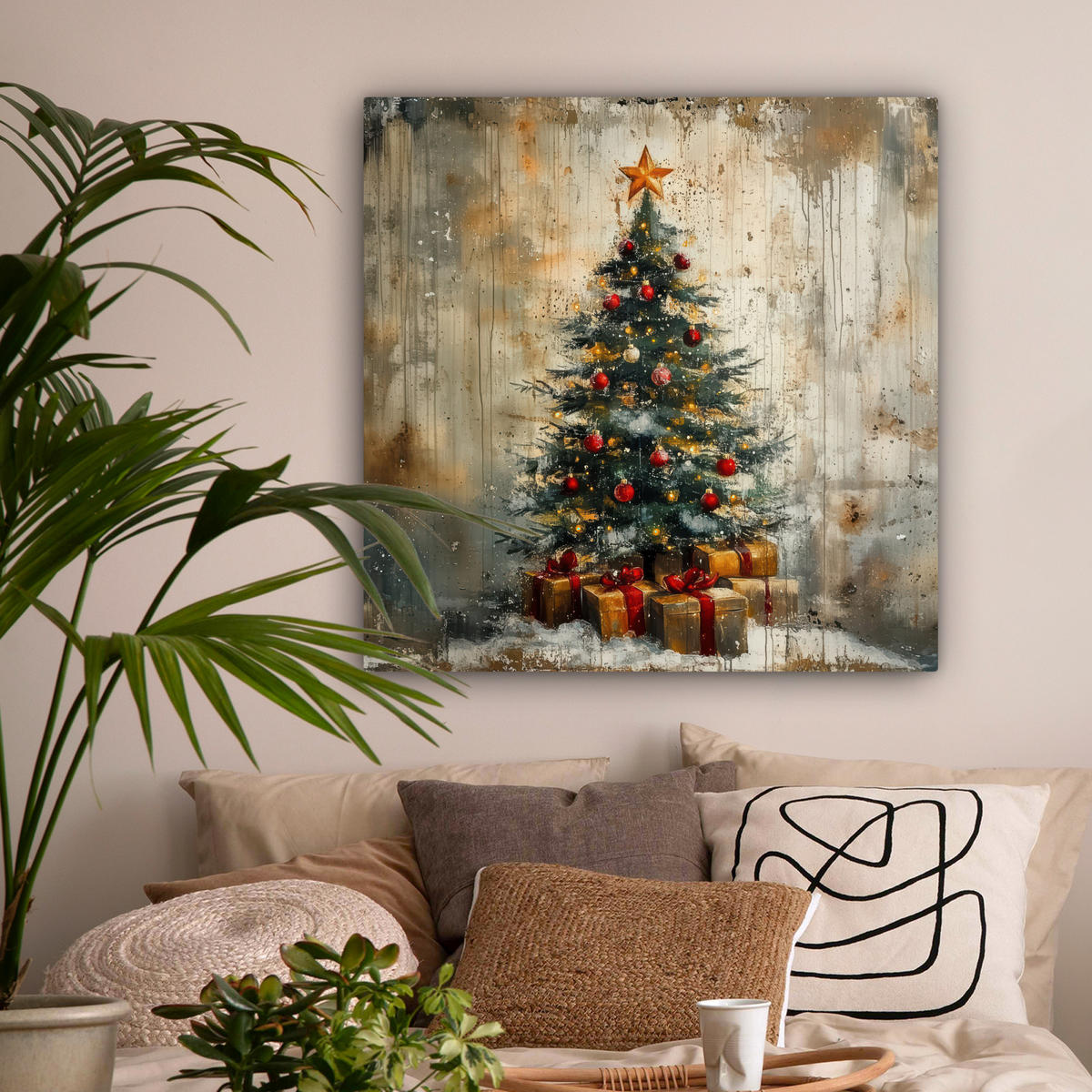 LEINWANDBILD Weihnachtsbaum - Vintage - Weihnachten - Geschenk 90x90 cm - Rostfarben, Textil (90/90cm) - MuchoWow